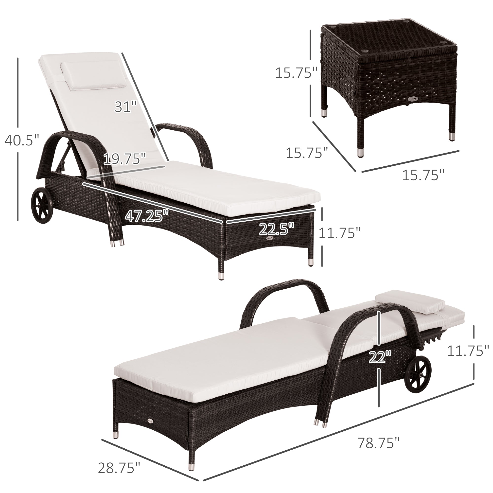 Outsunny 3-Piece Patio Chaise Lounge Chair with Table, 5-Level Adjustable Backrest & Wheels, Brown - 862-011BN