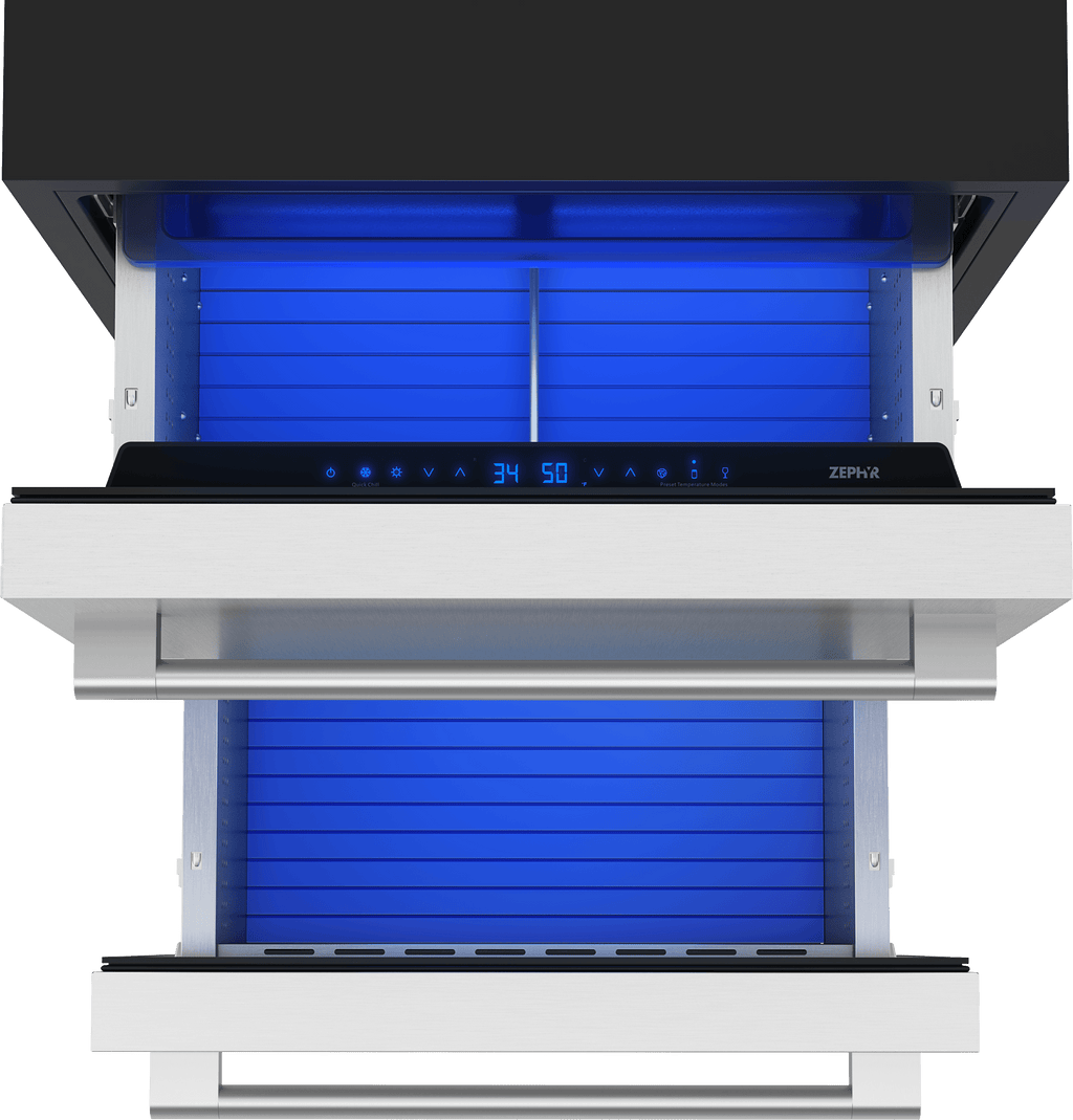 ZEPHYR Presrv Refrigerator Drawers, 24in Compact, SS, 2 Zone in Stainless Steel - PRRD24C2AS