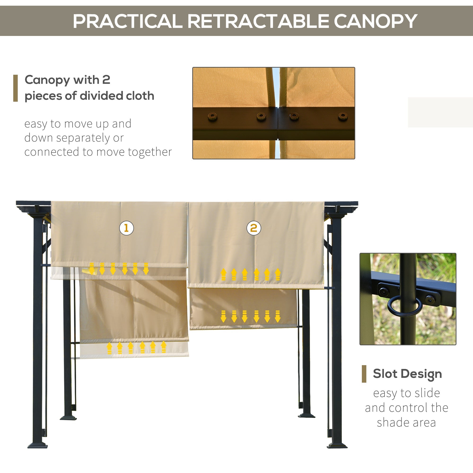 Outsunny 12' x 10' Retractable Pergola Canopy, Sun Shade, Unique Design, Metal Shelter, Beige - 84C-242V01