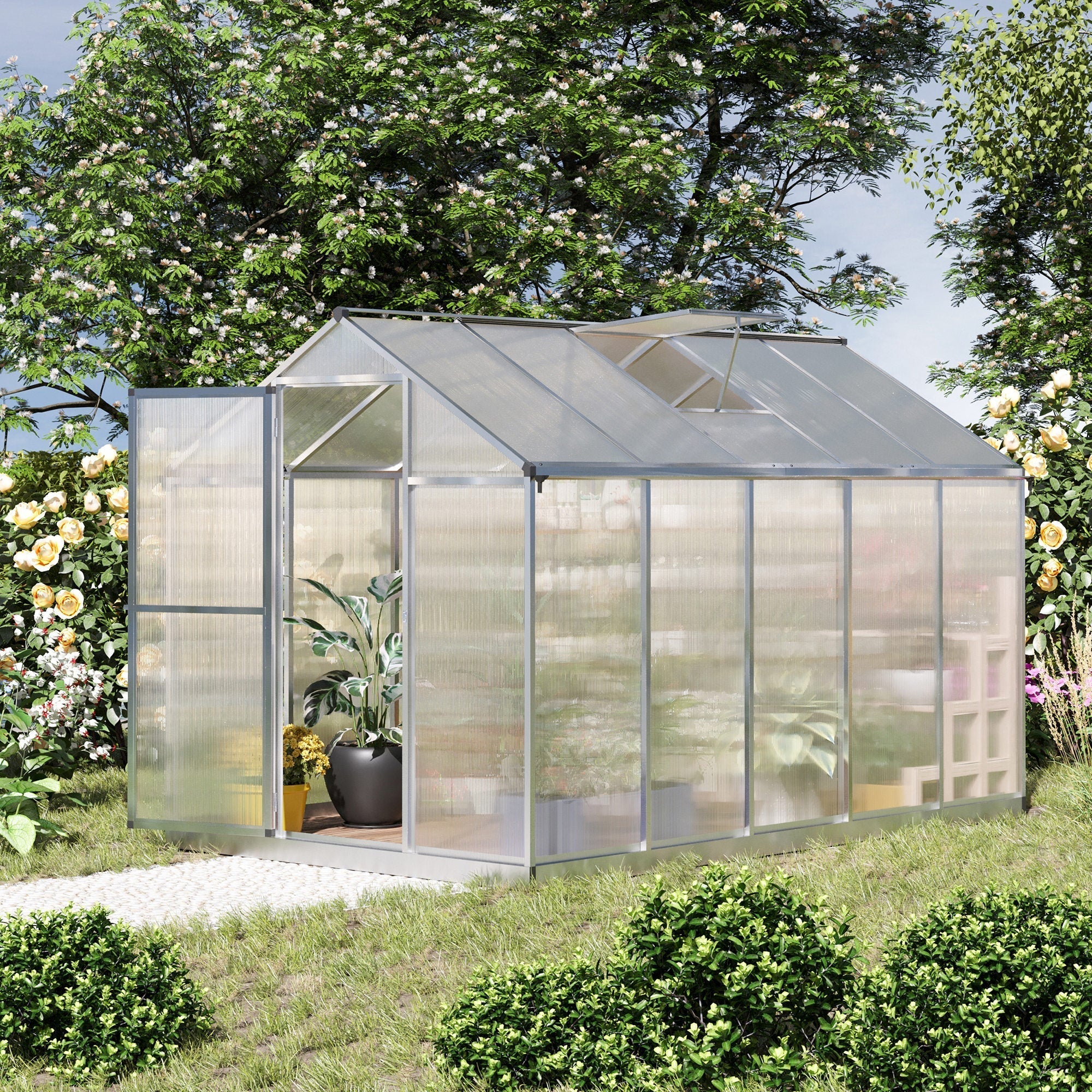Outsunny 10' x 6' Polycarbonate Greenhouse with Rain Gutter and Roof Vent, Aluminum Frame, Silver - 845-243V02