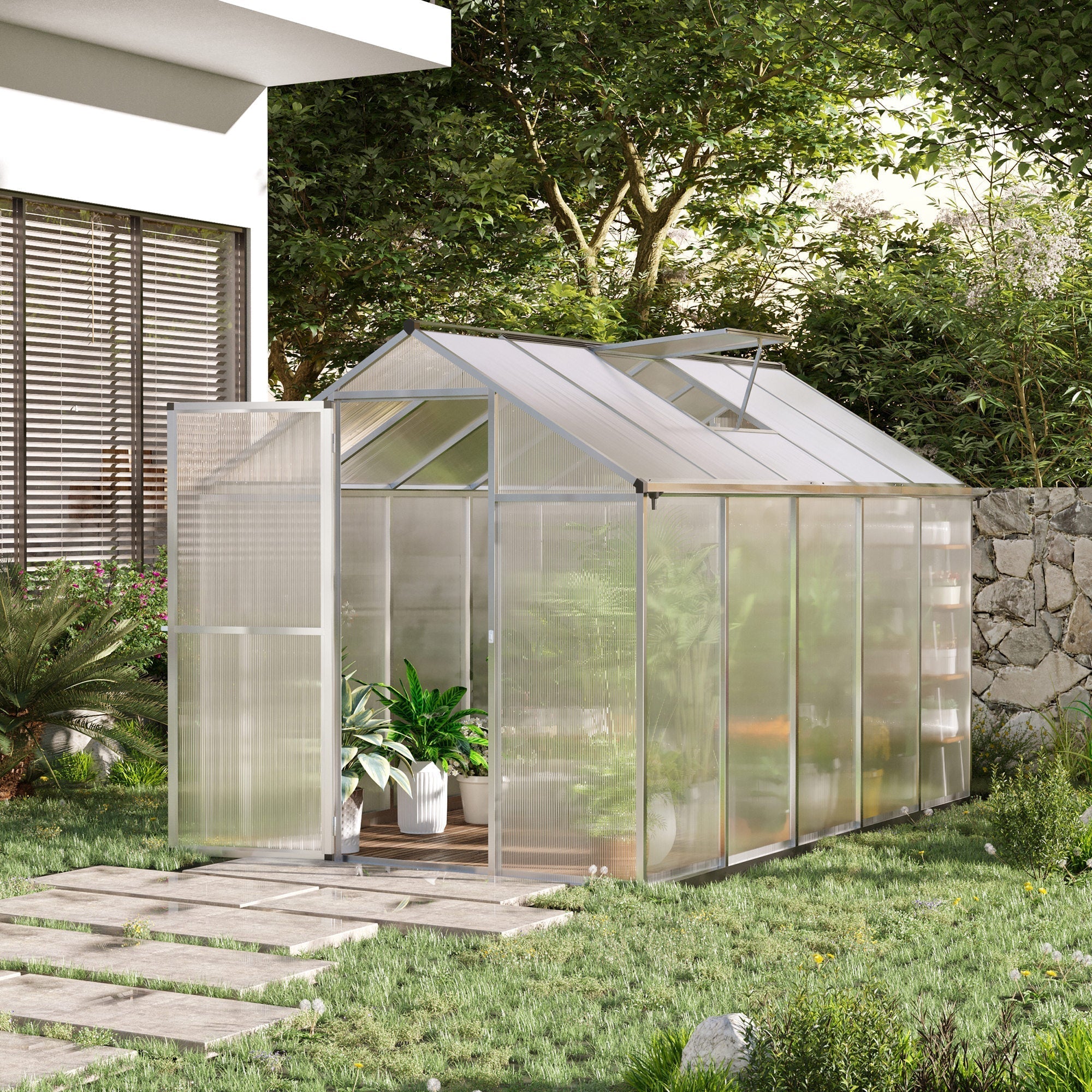 Outsunny 10' x 6' Polycarbonate Greenhouse with Rain Gutter and Roof Vent, Aluminum Frame, Silver - 845-243V02