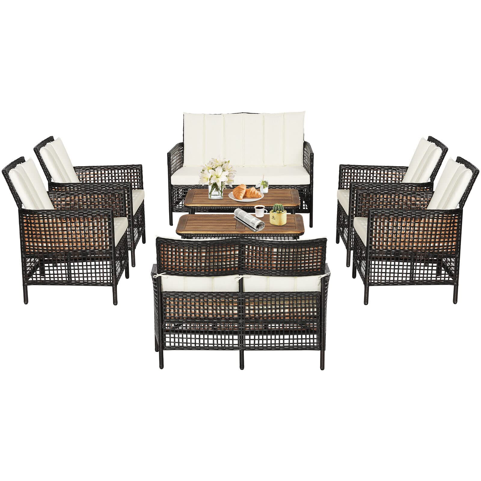 Tangkula Outdoor PE Wicker Conversation Set with 2-Tier Coffee Table - HW70242WH+