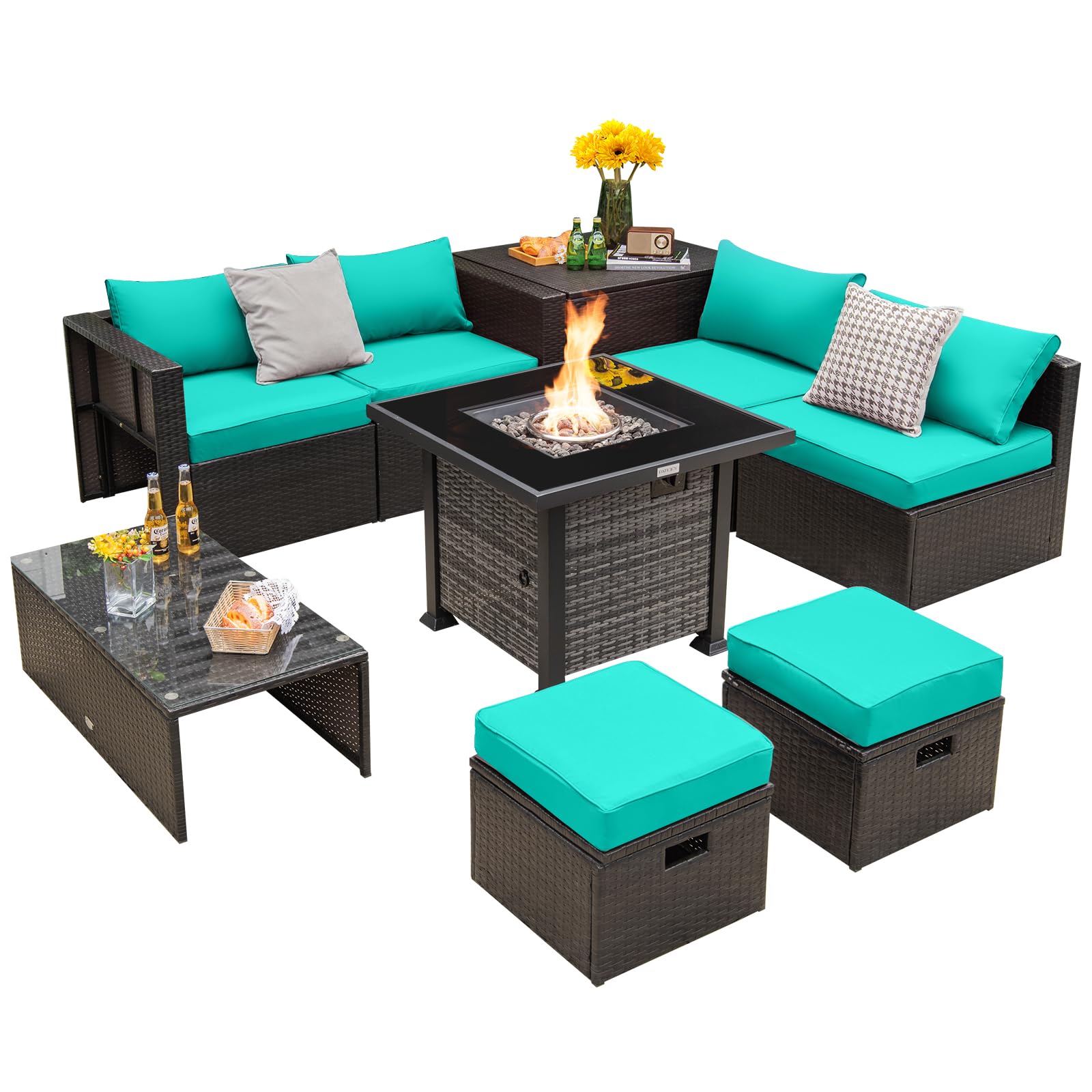 Tangkula 9 Pieces Patio Furniture Set with 50,000 BTU Propane Fire Pit Table - NP10618GR+HW68592DK+