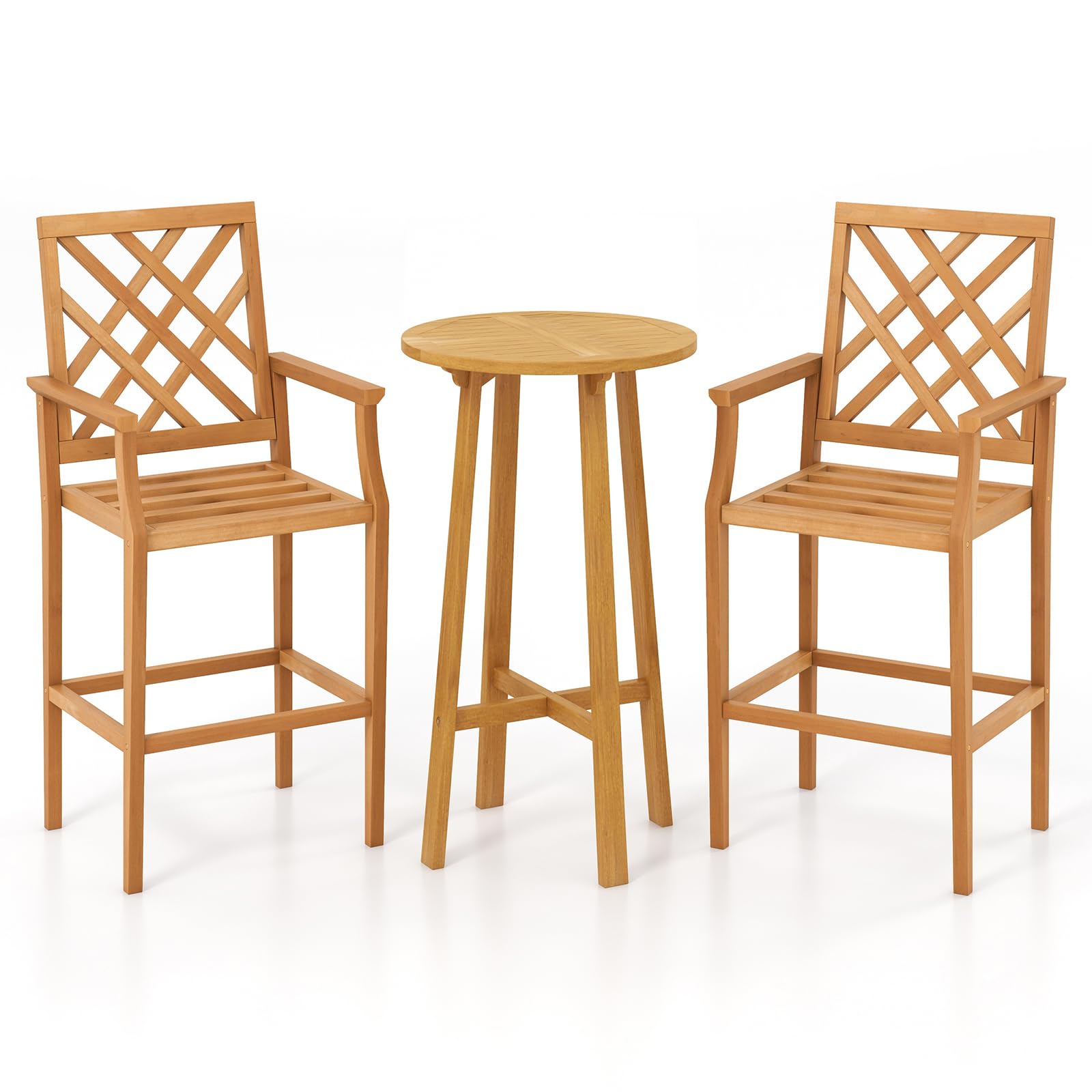 Tangkula 3 Piece Patio Bar Set, Teak Wood Bistro Furniture with Backrest, Armrests & Footrest - 2*JV11957+JV11903