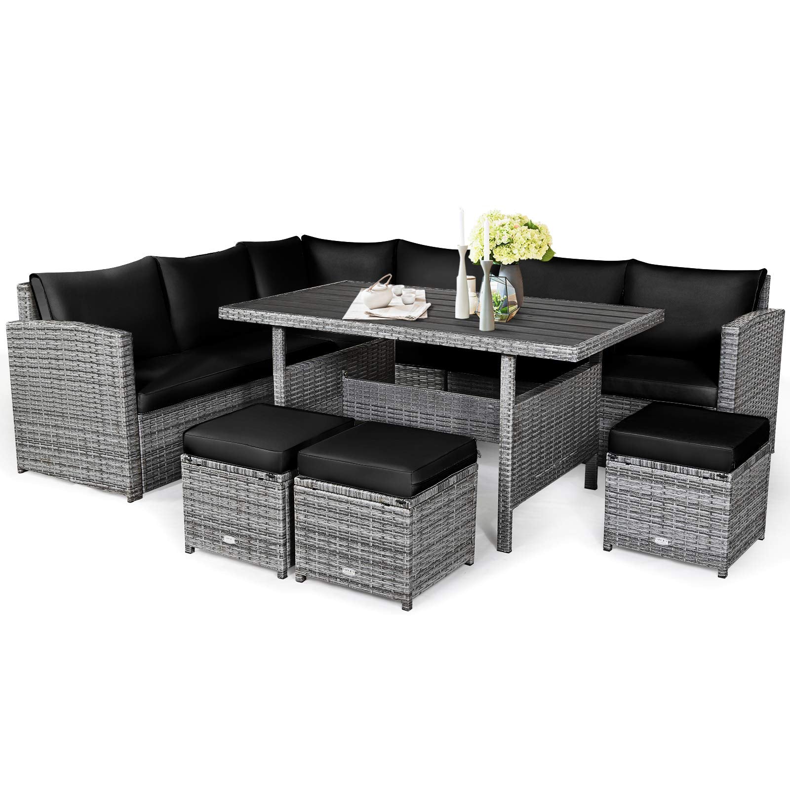 Tangkula 7 Pieces Patio Furniture Set, Outdoor Sectional Rattan Sofa Set with Cushions - HW67190BK+