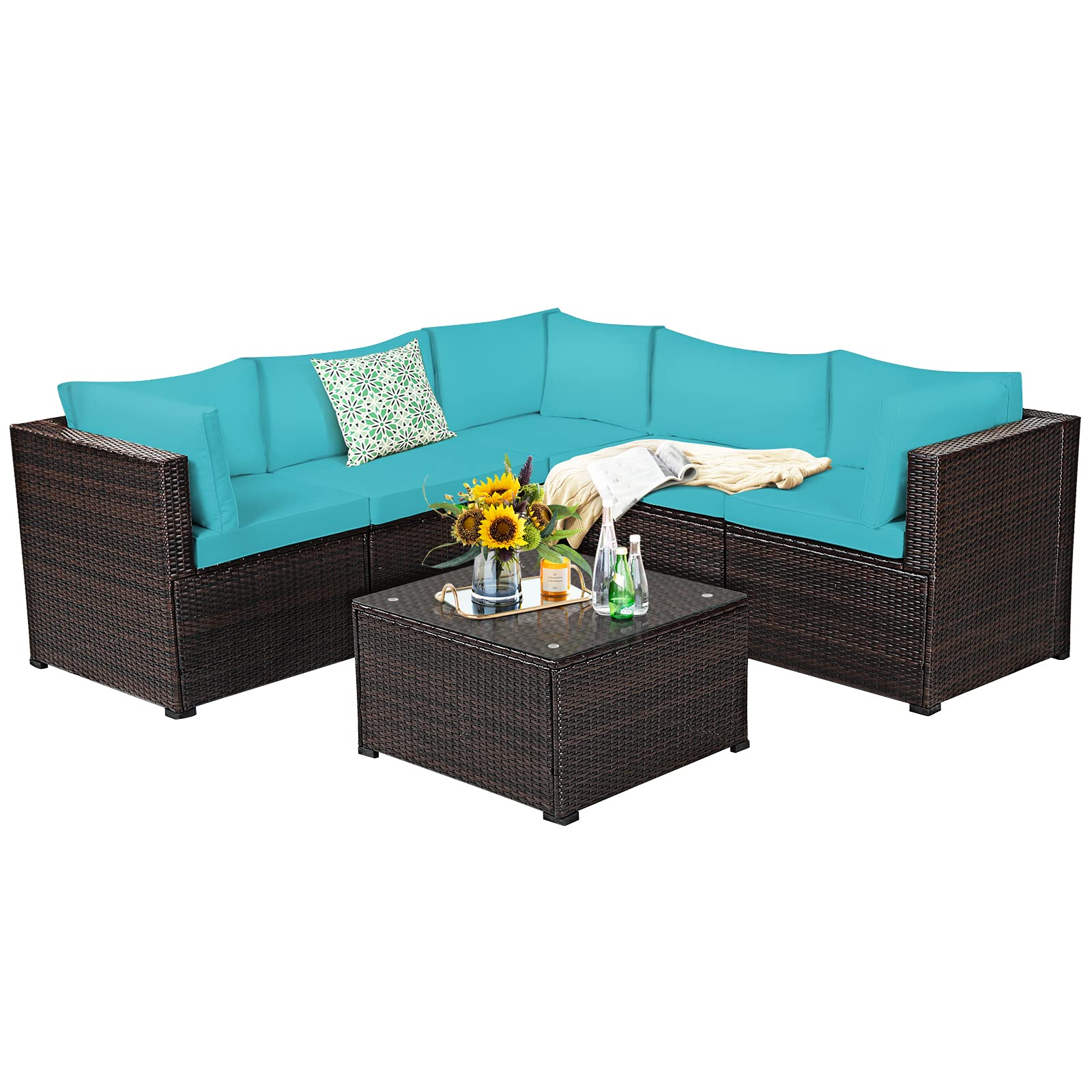Tangkula 6 Pieces Patio Furniture Set, Outdoor Rattan Sofa Set, Wicker Conversation Set - HW68449WH+