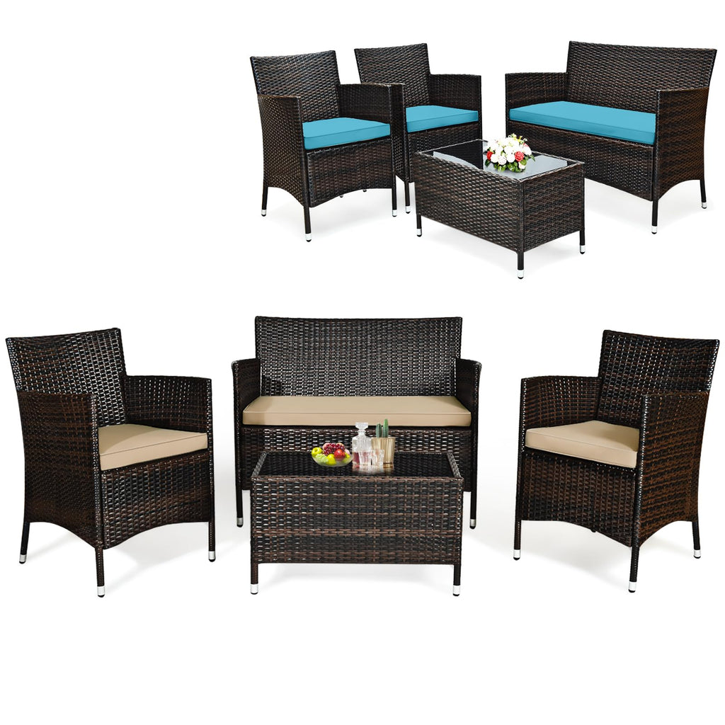Tangkula 4-Piece Rattan Patio Furniture Set, w/Tempered Glass Coffee Table - HW67772BT