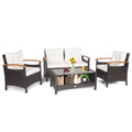 Tangkula 4 Piece Patio Rattan Conversation Set, Outdoor Wicker Sofa Set W/2-Layer Coffee Table - HW69469WH+