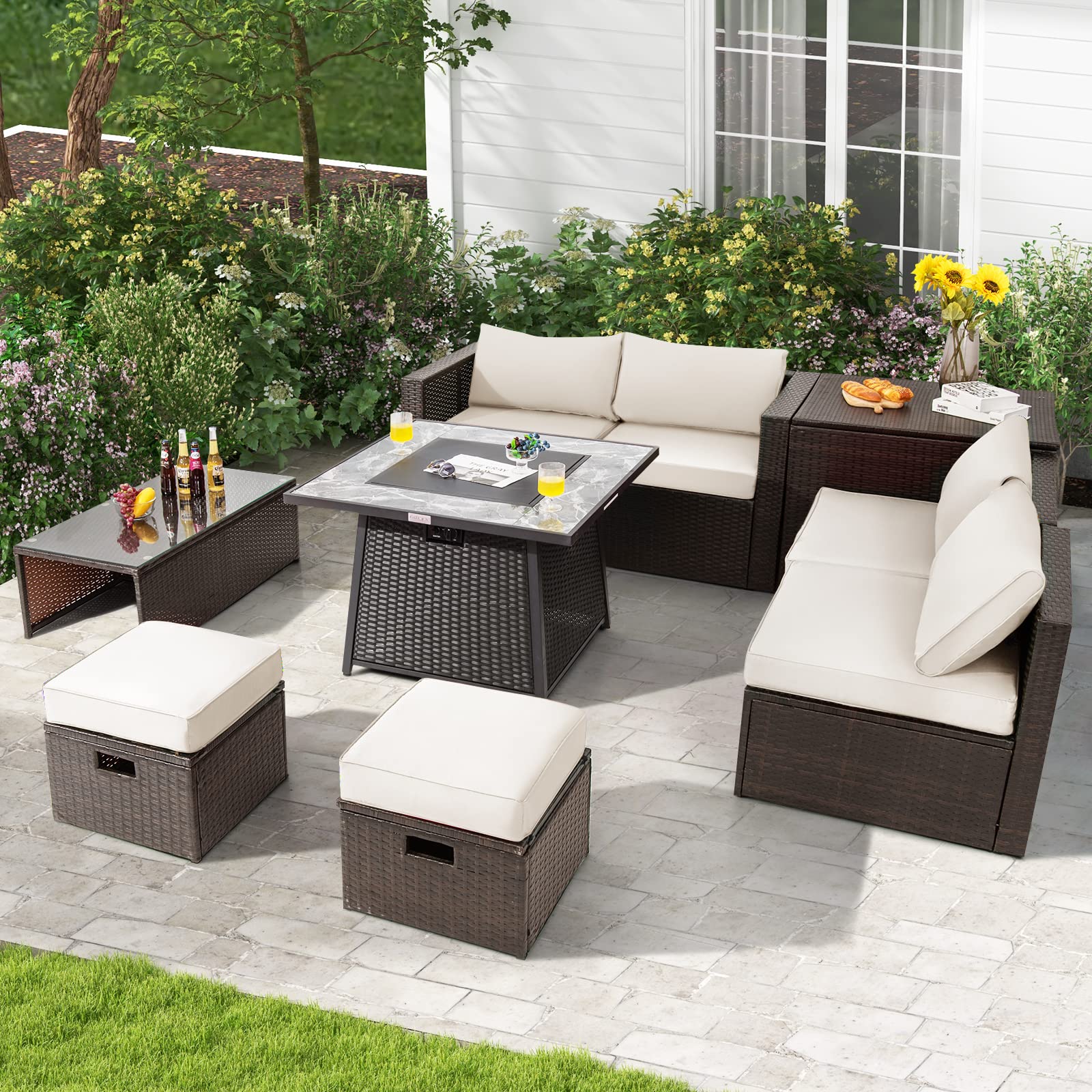 Tangkula 9 Pieces Outdoor Patio Furniture Set with 35-Inch Propane Fire Pit Table - NP10262DK+HW68592DK+