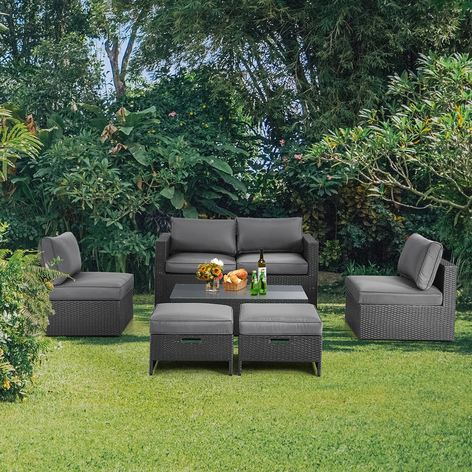 Tangkula 6 Pieces Patio Rattan Furniture Set, Patiojoy No Assembly Outdoor Conversation Set - NP10110WL-GR