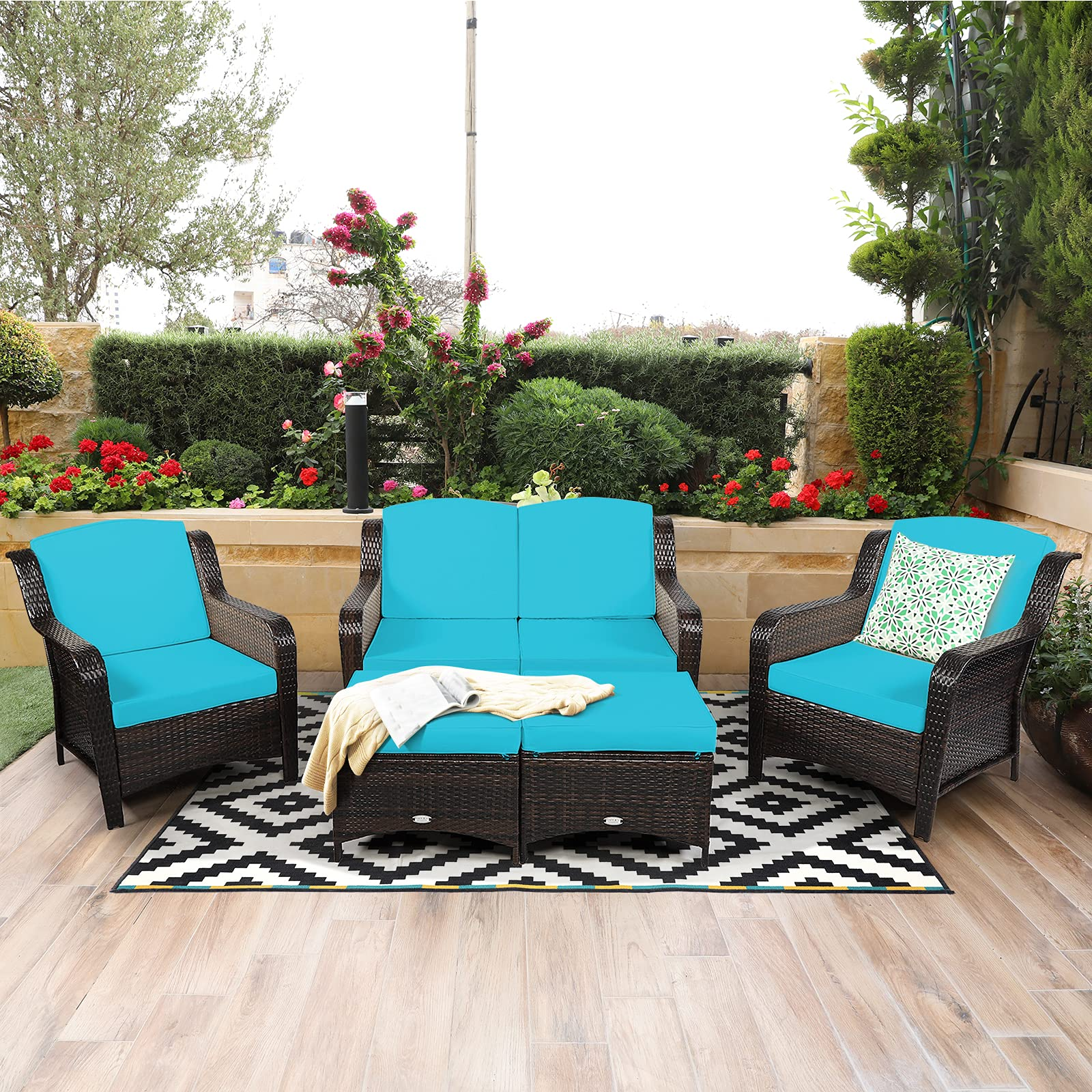 Tangkula 5 Pieces Patio Furniture Set, Outdoor Rattan Conversation Sofa Set with Loveseat - HW67702TU+