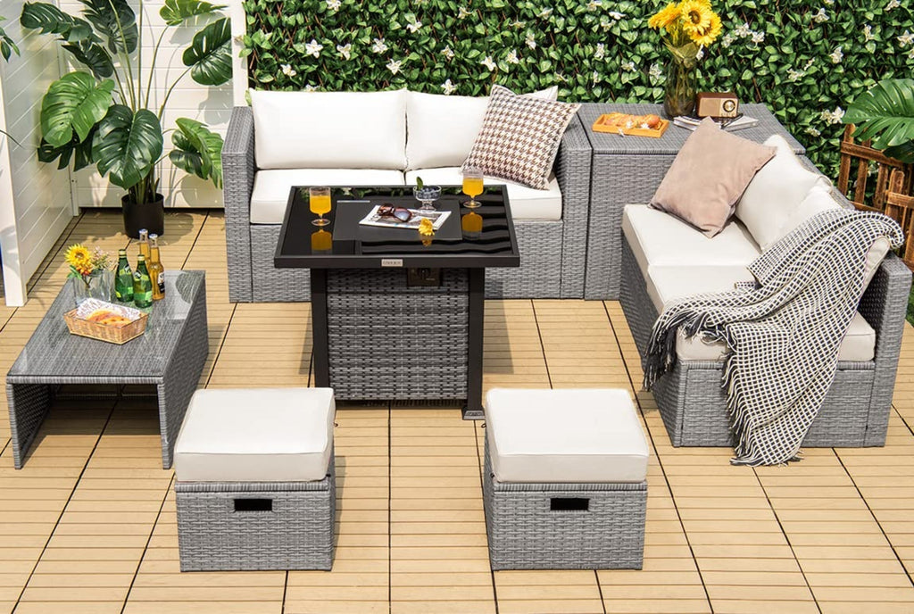 Tangkula 9 Pieces Outdoor Patio Furniture Set with 32-Inch Propane Fire Pit Table - NP10618GR+HW68604DK+