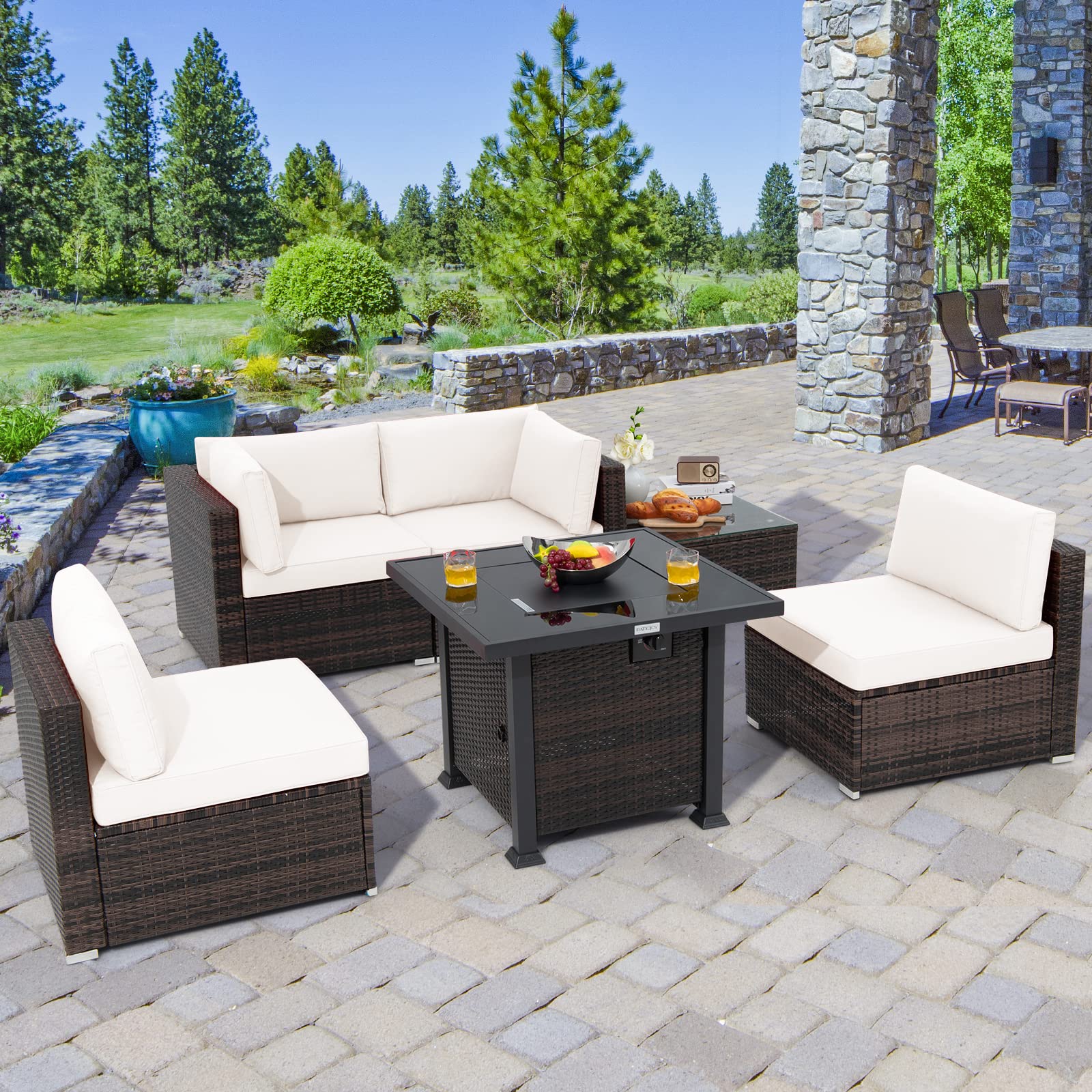 Tangkula 6 Piece Patio Wicker Conversation Set, Outdoor Rattan Sofa Set - NP10618CF+HW68691BDK+