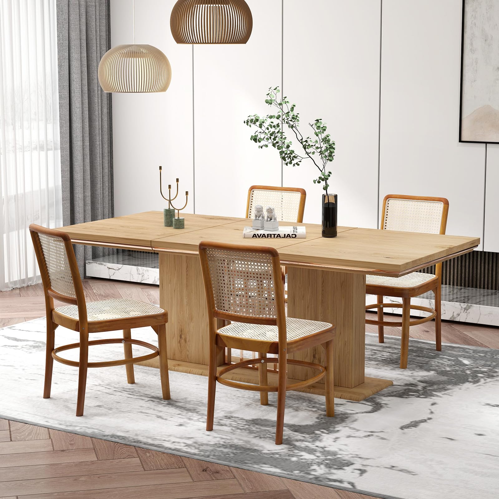 Tangkula Boho Dining Chairs, Natural Rattan Living Room Chairs with Teak Wood Structure & Footrests - JV11895