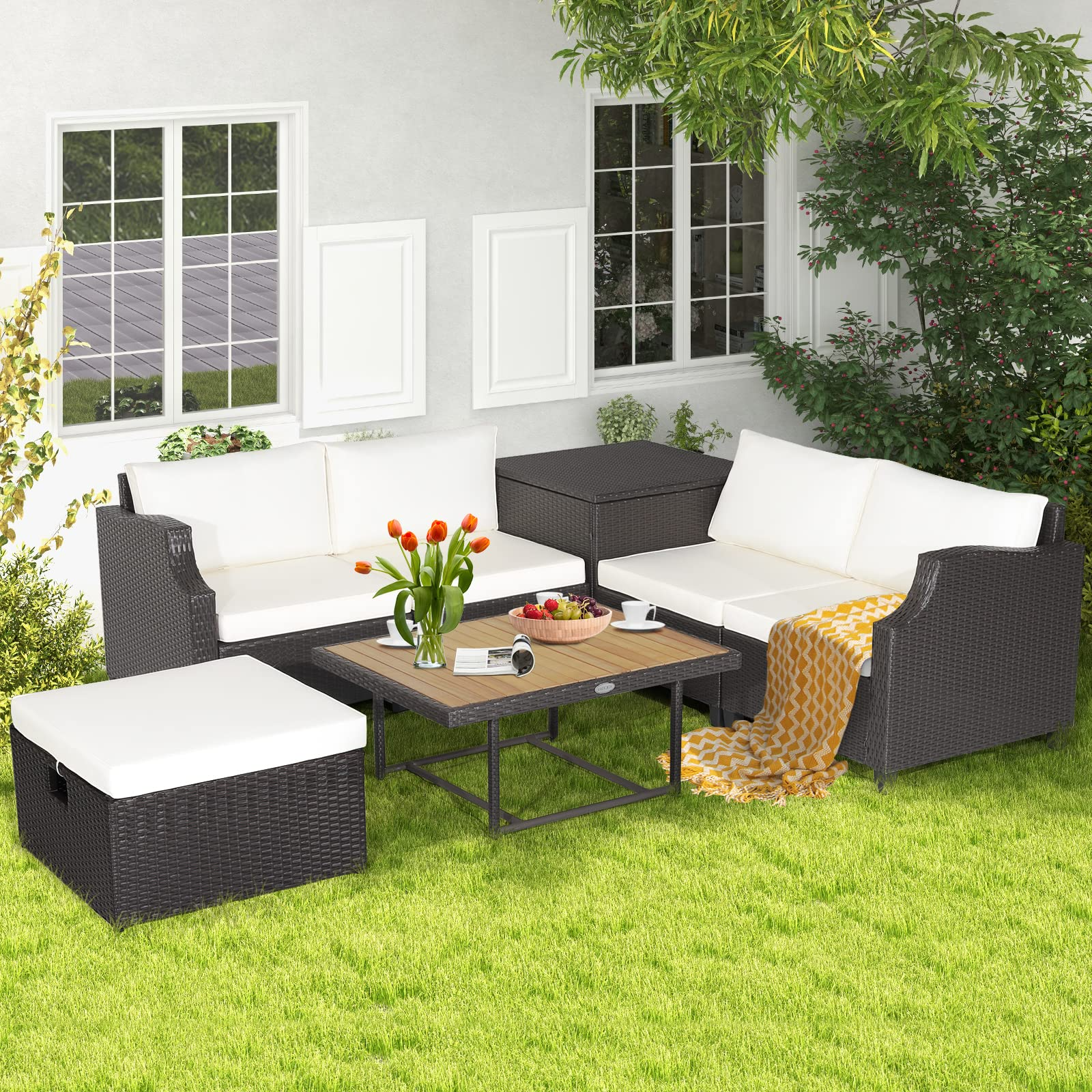 Tangkula 7 Pieces Outdoor Hand-Woven PE Wicker Furniture Set - HW70679WH+