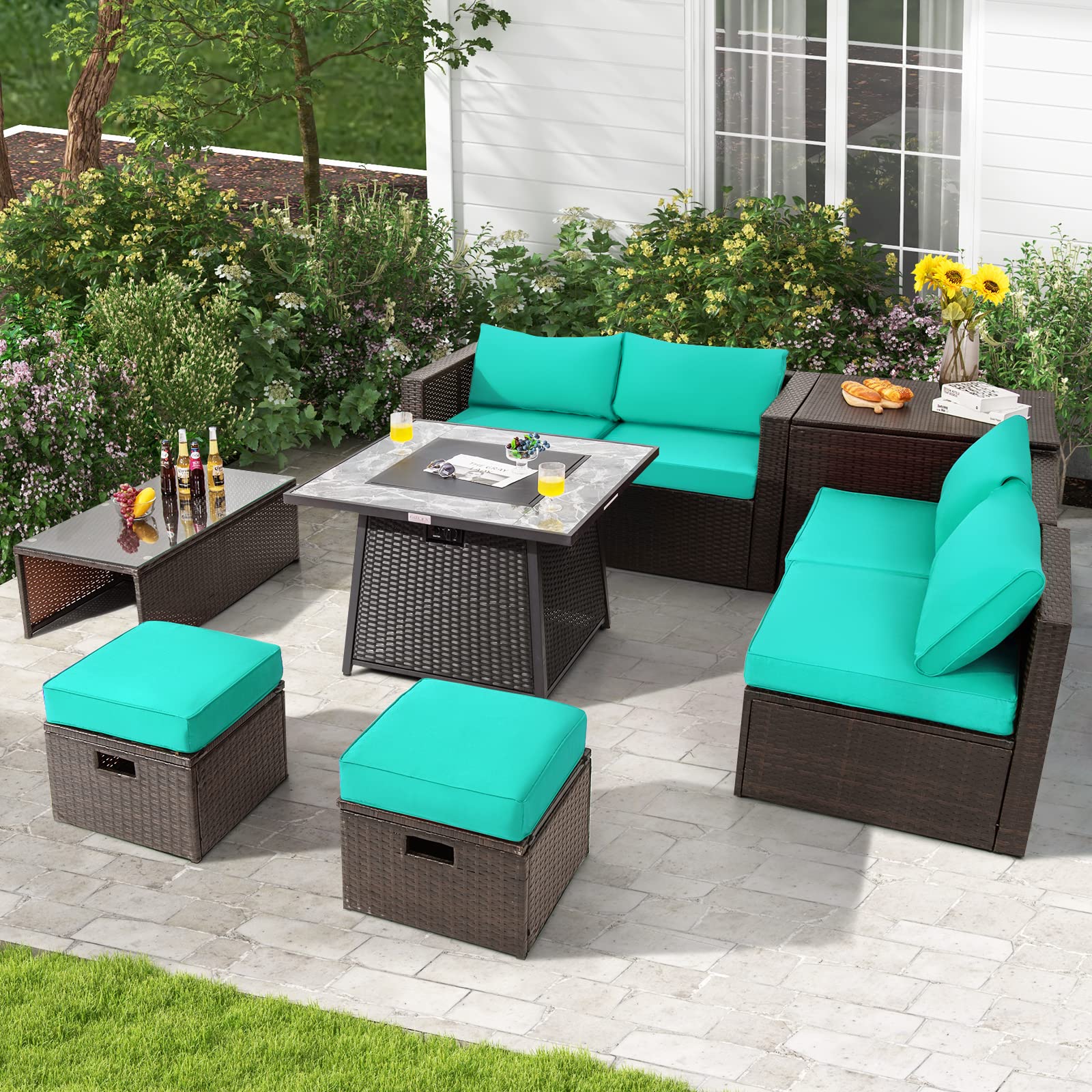 Tangkula 9 Pieces Outdoor Patio Furniture Set with 35-Inch Propane Fire Pit Table - NP10262DK+HW68592DK+