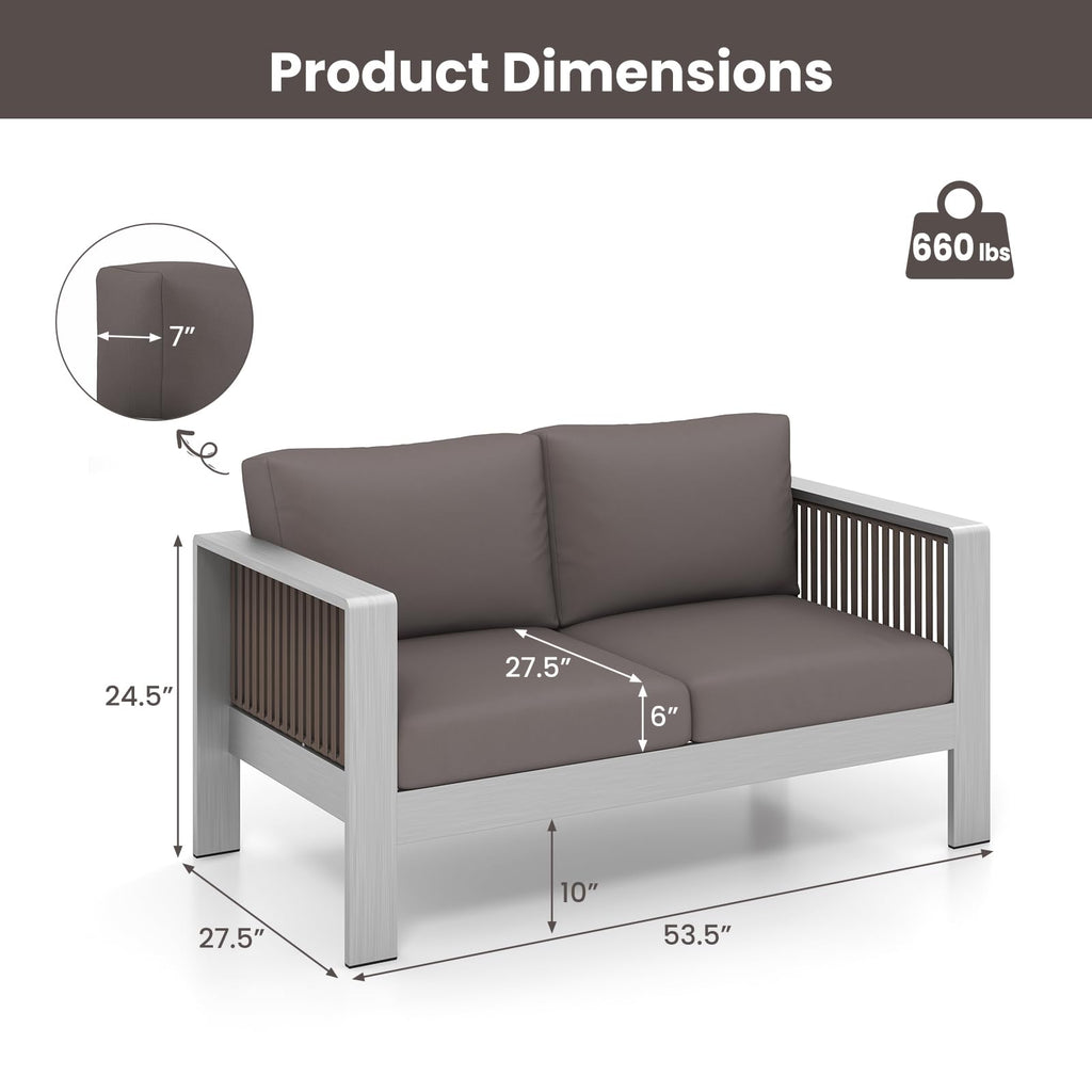 Tangkula Patio Aluminum Loveseat Sofa, Outdoor Furniture Set with Thick Back & Seat Cushions (Gray) - NP11417GR