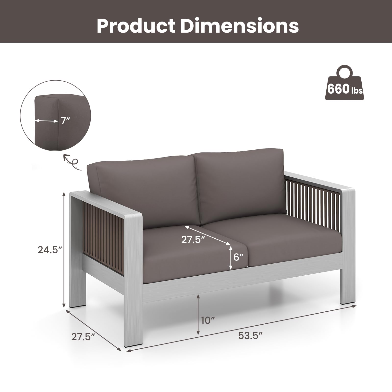 Tangkula Patio Aluminum Loveseat Sofa, Outdoor Furniture Set with Thick Back & Seat Cushions (Gray) - NP11417GR