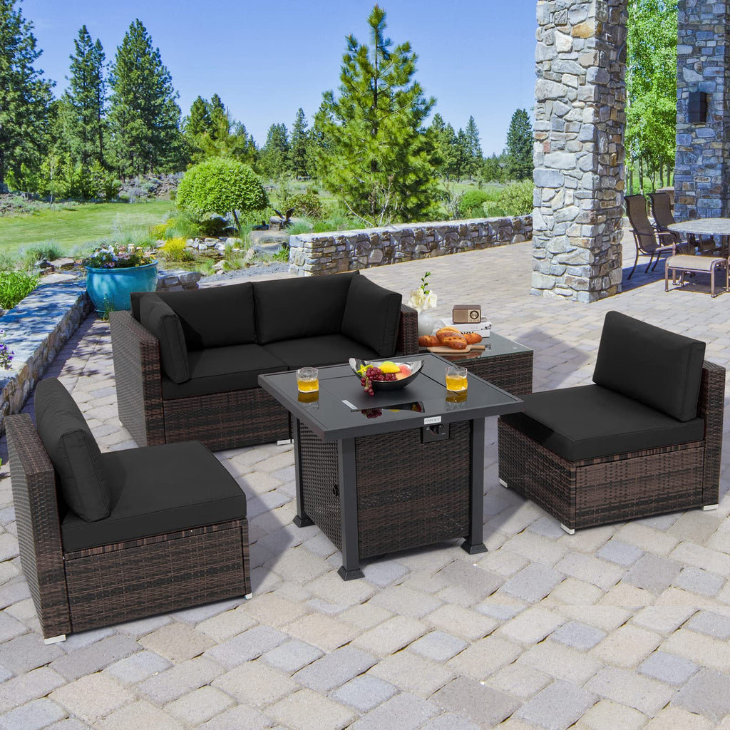 Tangkula 6 Piece Patio Wicker Conversation Set, Outdoor Rattan Sofa Set - NP10618CF+HW68691BDK+