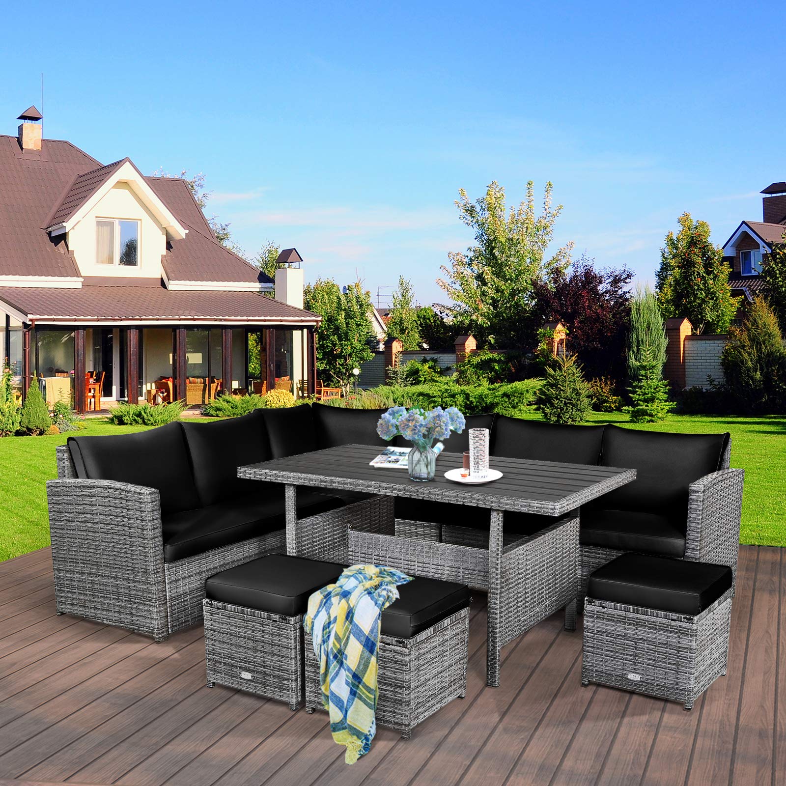 Tangkula 7 Pieces Patio Furniture Set, Outdoor Sectional Rattan Sofa Set with Cushions - HW67190BK+