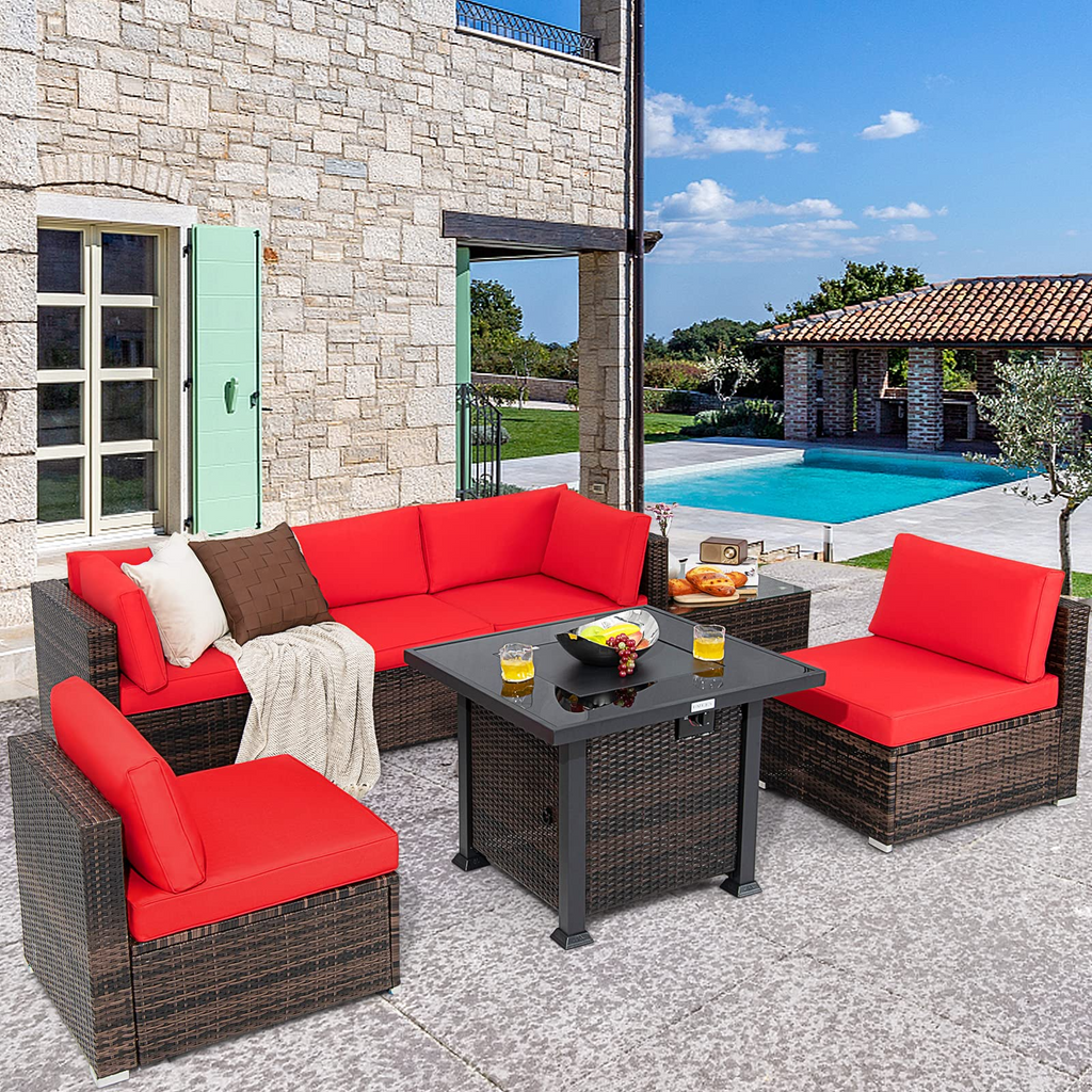 Tangkula 7 Pieces Patio Furniture Set with Fire Pit Table - NP10618CF+HW67937NYA+