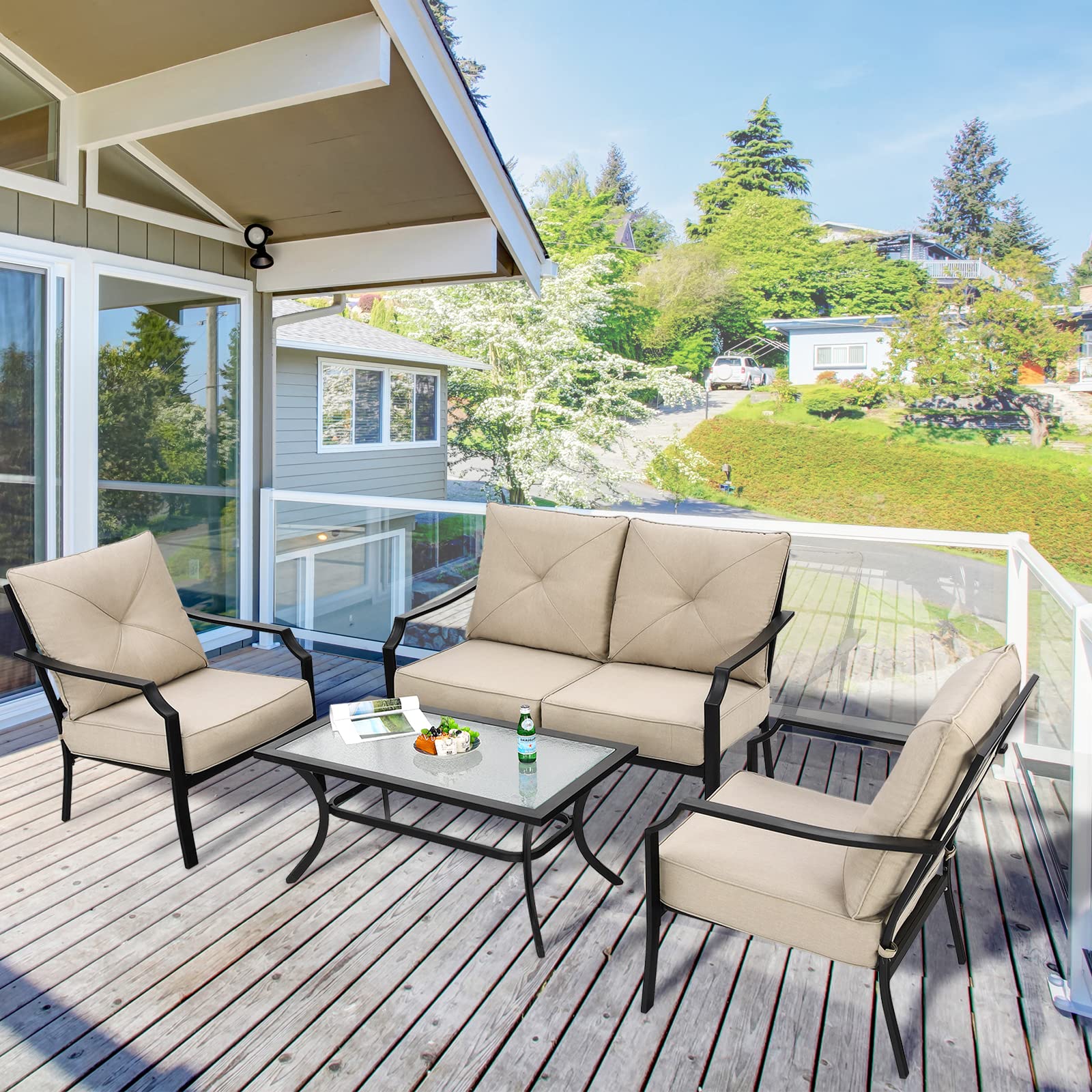 Tangkula 4 Pieces Outdoor Furniture Set, Patio Conversation Set with Cushions and Steel Frame - NP10083BE+NP10084WL-BE