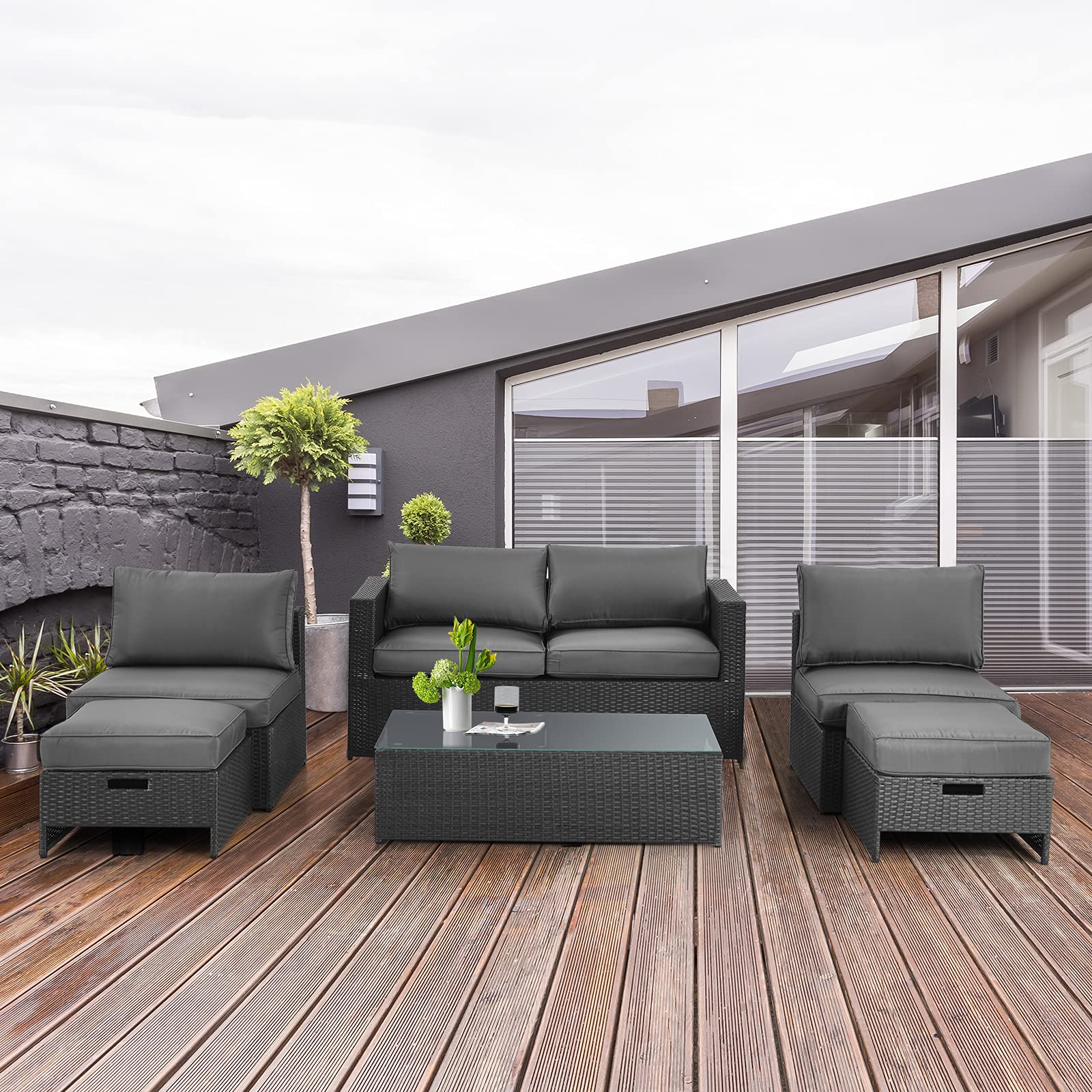 Tangkula 6 Pieces Patio Rattan Furniture Set, Patiojoy No Assembly Outdoor Conversation Set - NP10110WL-GR