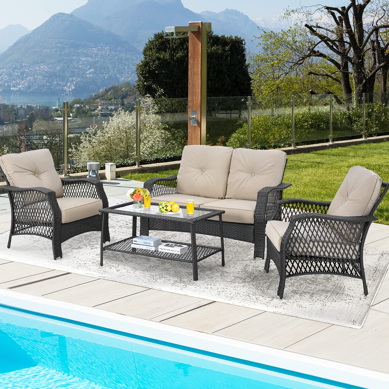 Tangkula 4 Pieces Outdoor Patio Furniture Set, Patiojoy PE Wicker Conversation Sofa Set with Tempered Glass Coffee Table - NP10087WL-BE