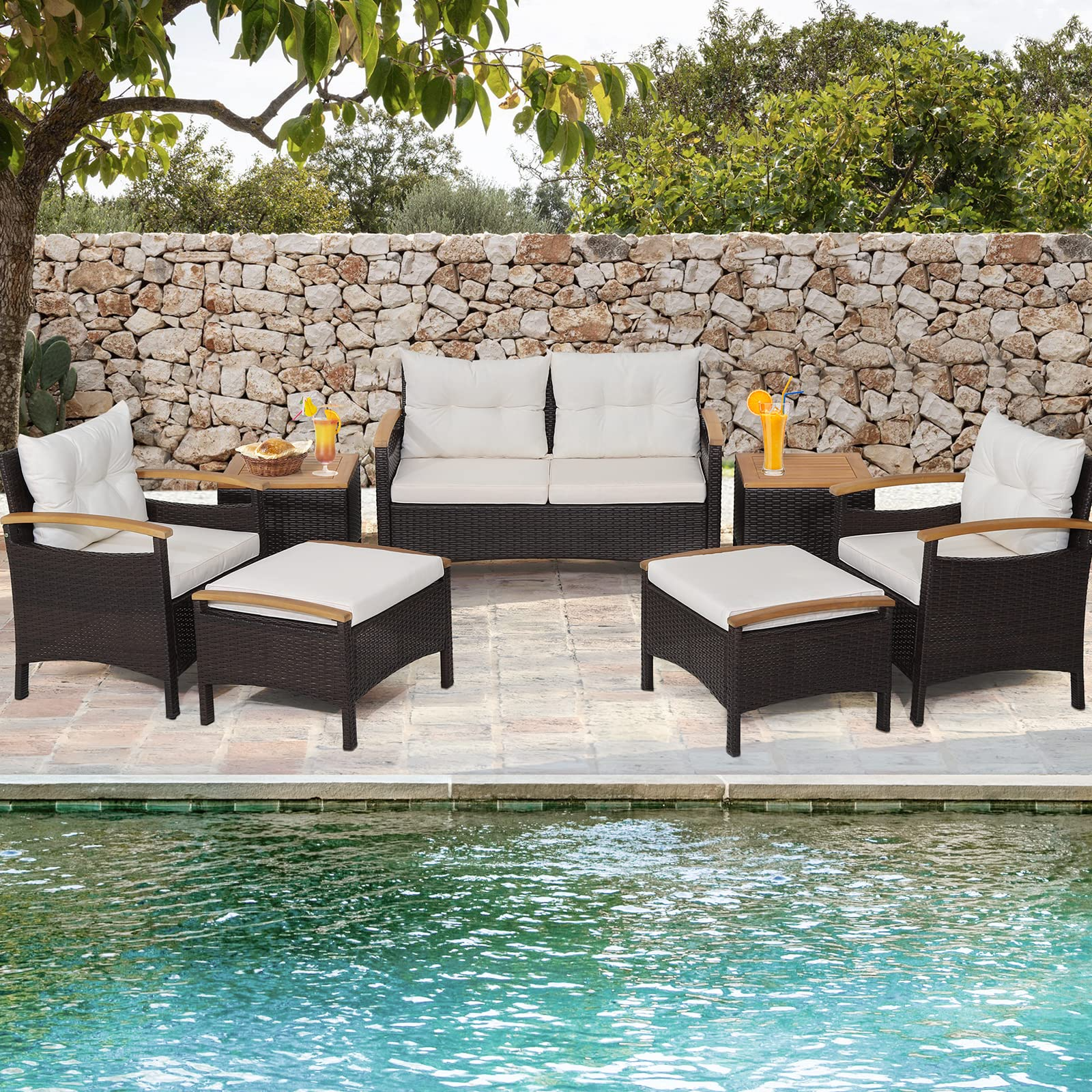 Tangkula 7 Pieces Patio Rattan Sofa Set, Outdoor Wicker Conversation Set - HW70450+