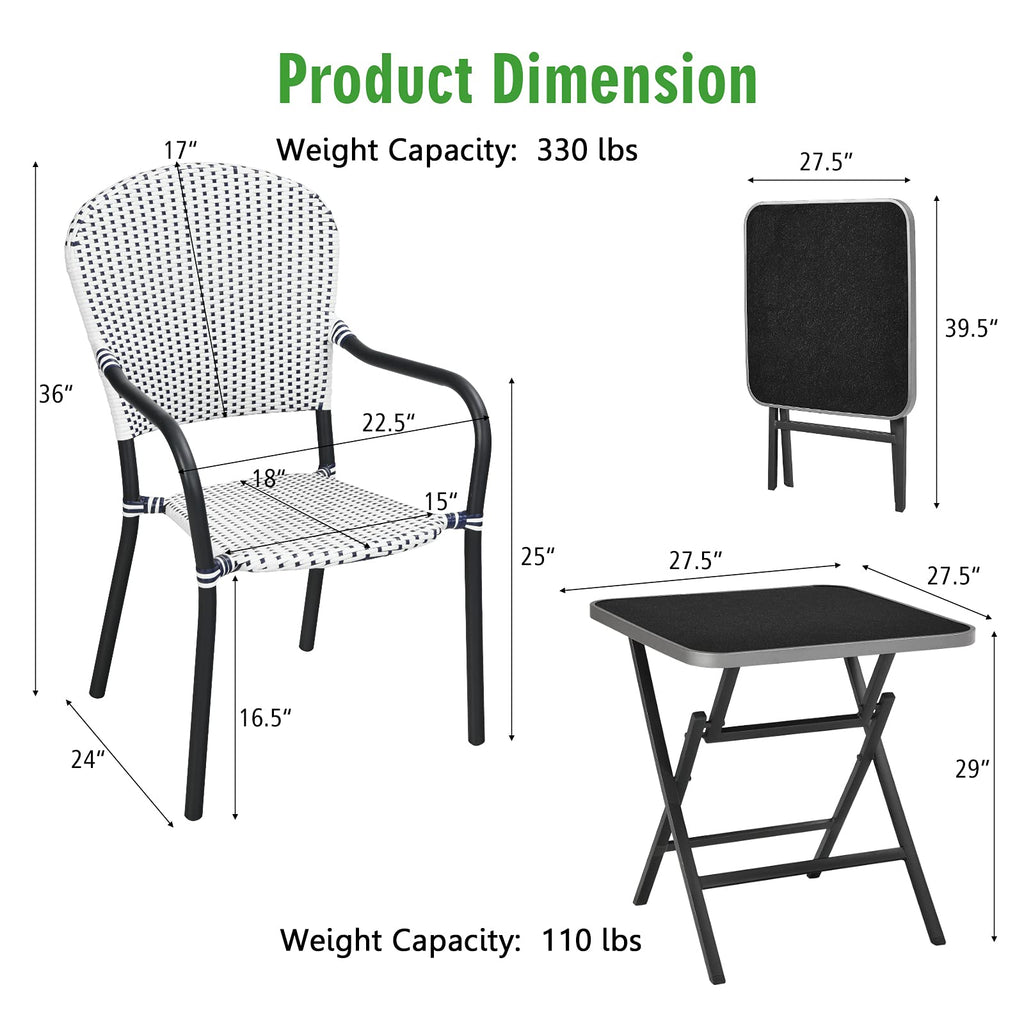 Tangkula 5-Piece Rattan Patio Dining Set, No Assembly Needs, Square Folding Table & 4 Stackable Chairs Set - NP10107+NP10073WL