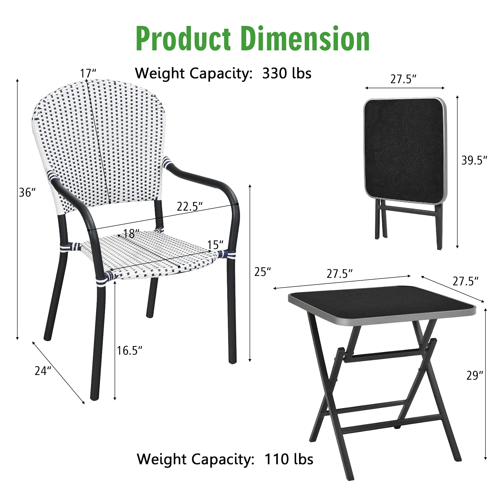 Tangkula 5-Piece Rattan Patio Dining Set, No Assembly Needs, Square Folding Table & 4 Stackable Chairs Set - NP10107+NP10073WL