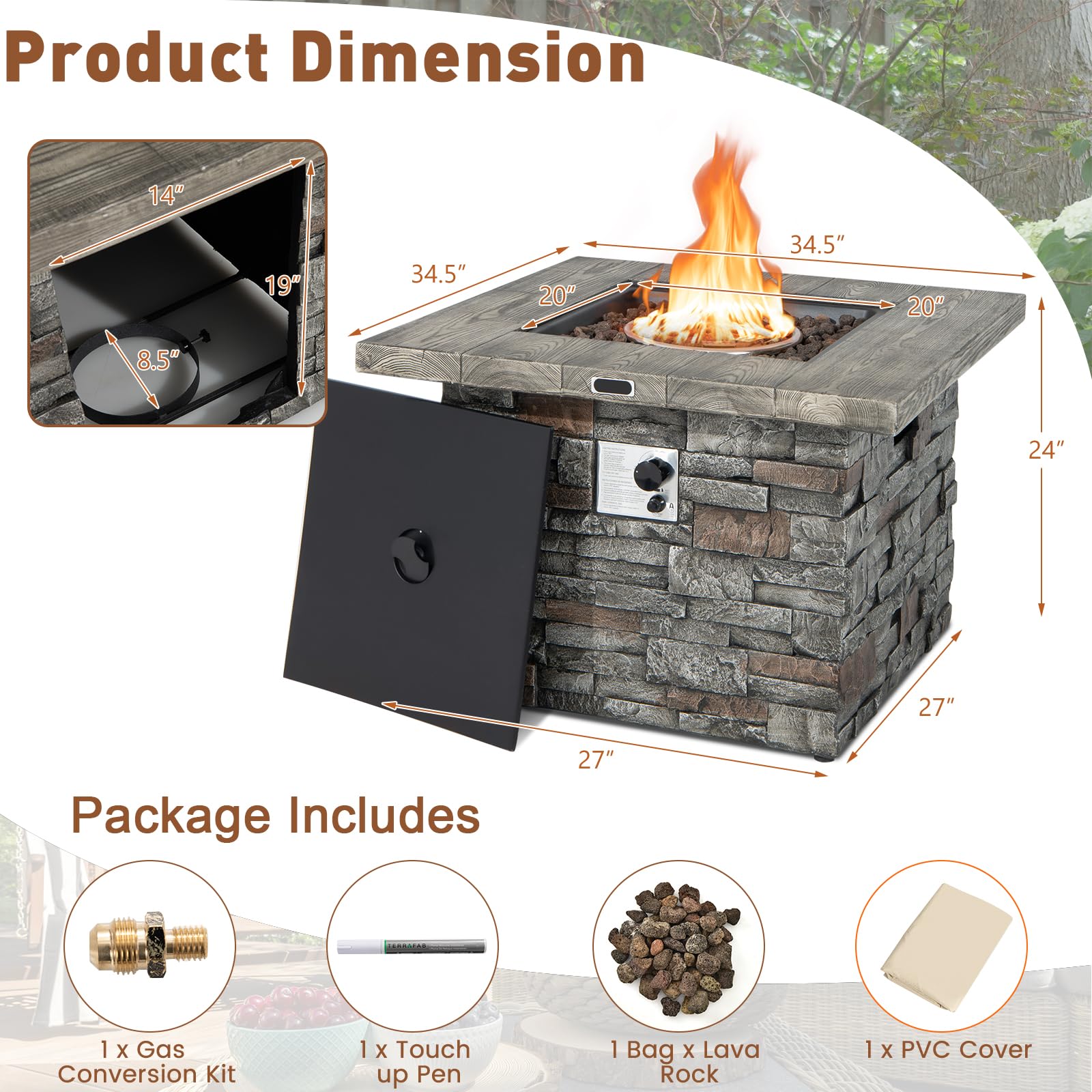 Tangkula 34.5 Inch Faux Stone Propane Fire Pit Table - NP10630WL-GR
