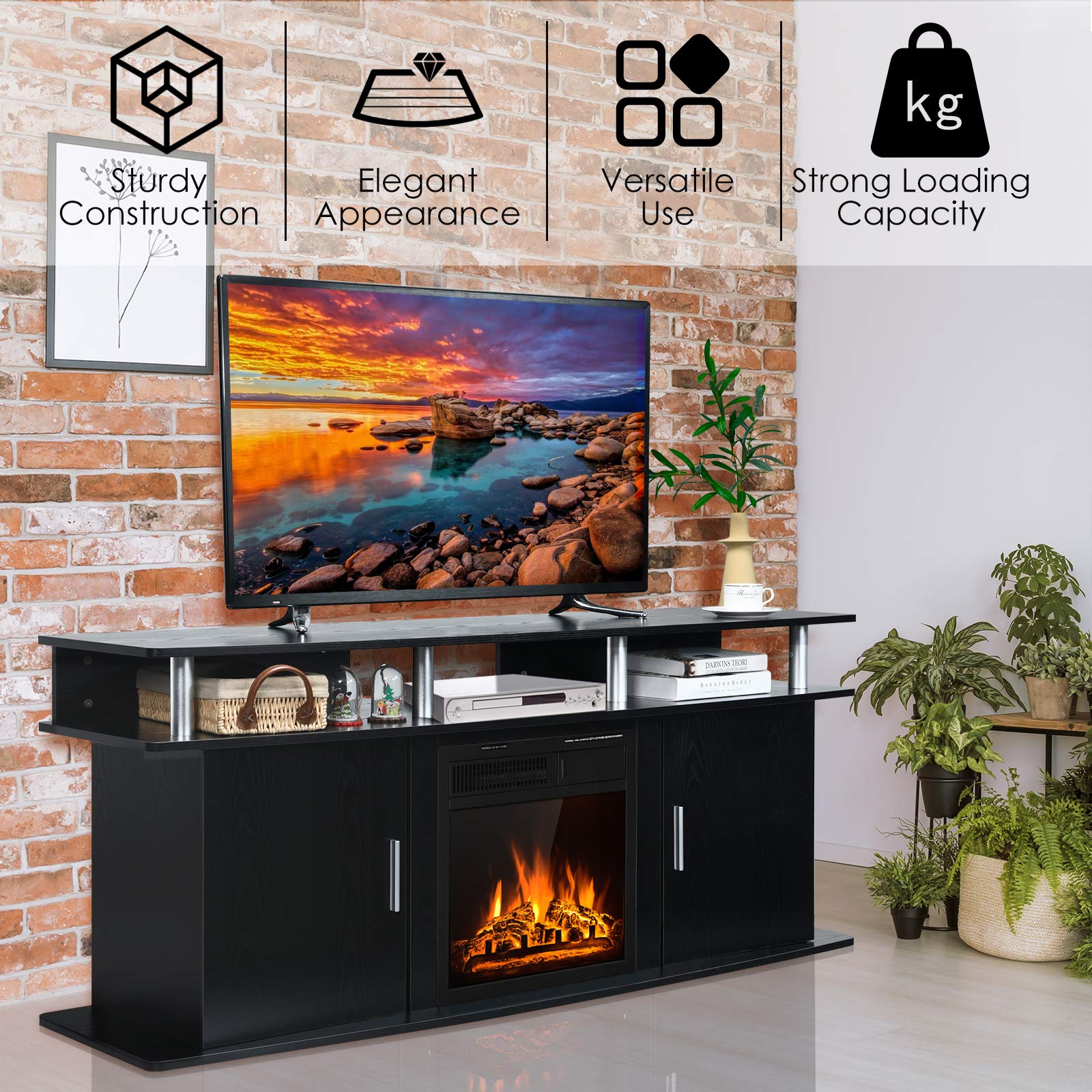 Tangkula Fireplace TV Stand, Living Room Media Console Table - HW66558CF+EP24789
