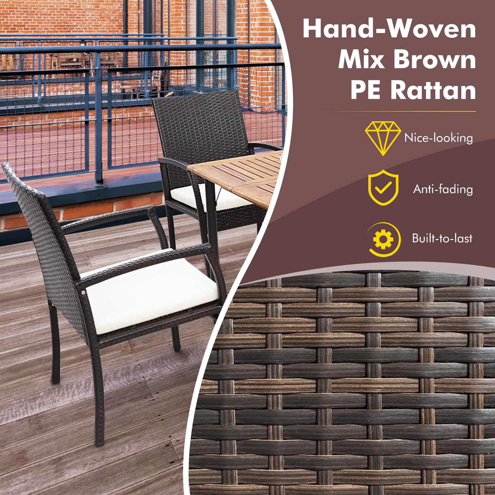 Tangkula Patio Rattan Dining Set, Acacia Wood Tabletop w/Umbrella Hole - HW70830-4+HW70840