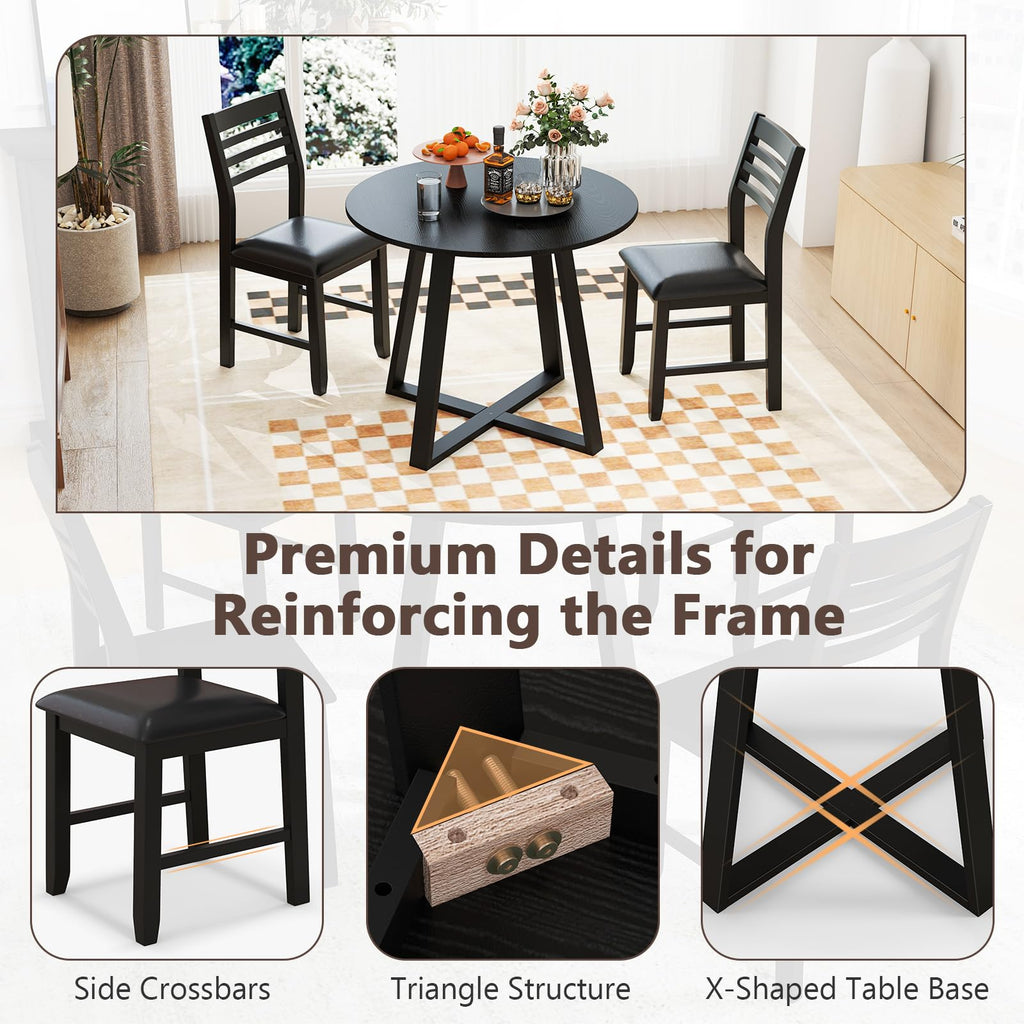 Tangkula Round Dining Table Set , Dinette Set with Table and Padded PU Chairs - KC57274BK+KC57108BK