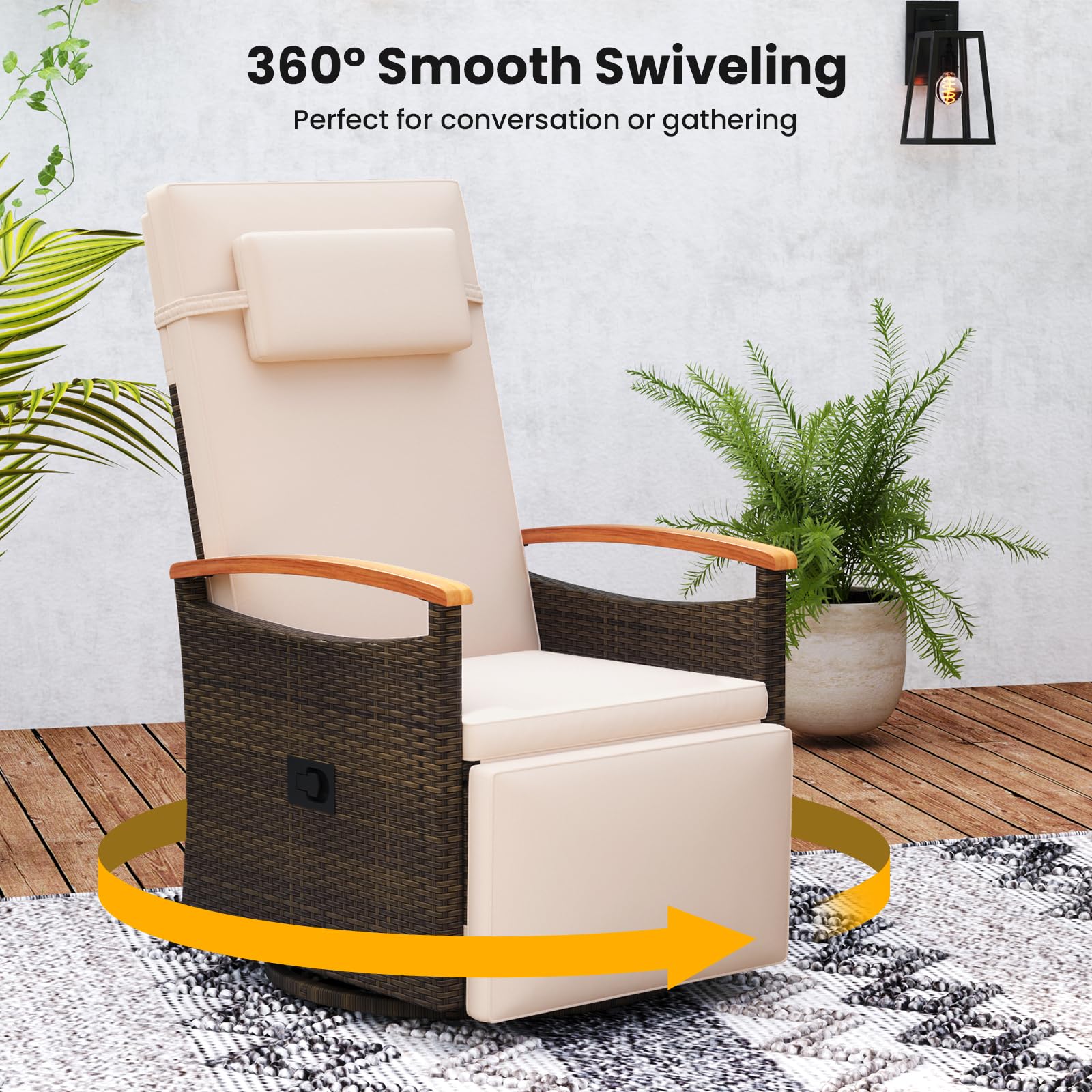 Tangkula Patio Rattan 360 Degree Swivel Recliner Chair, Wicker Lounge Chair w/Adjustable Backrest &amp; Footrest - HW72726BN