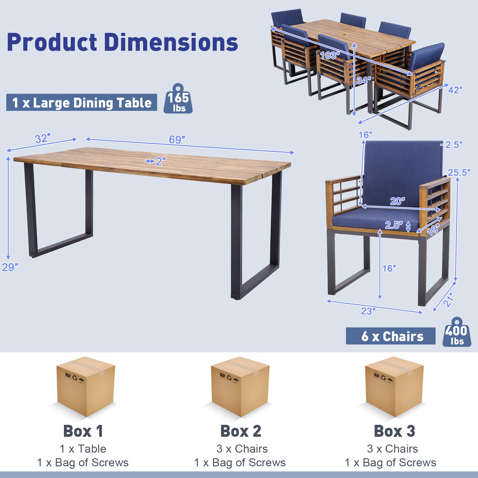Tangkula 7 Piece Patio Dining Set, Acacia Wood Dining Chair & Table Set - HW70983NY+