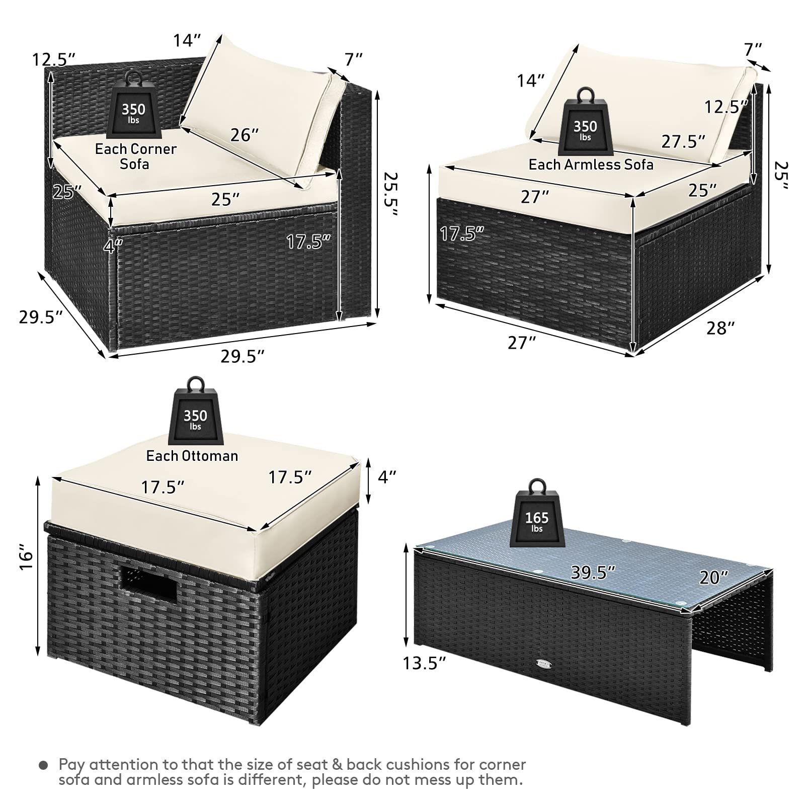 Tangkula 8-Piece Patio Furniture Set with Cover, 2 Ottomans, 2 Armless Sofas & Corner Sofas - HW68605WH+