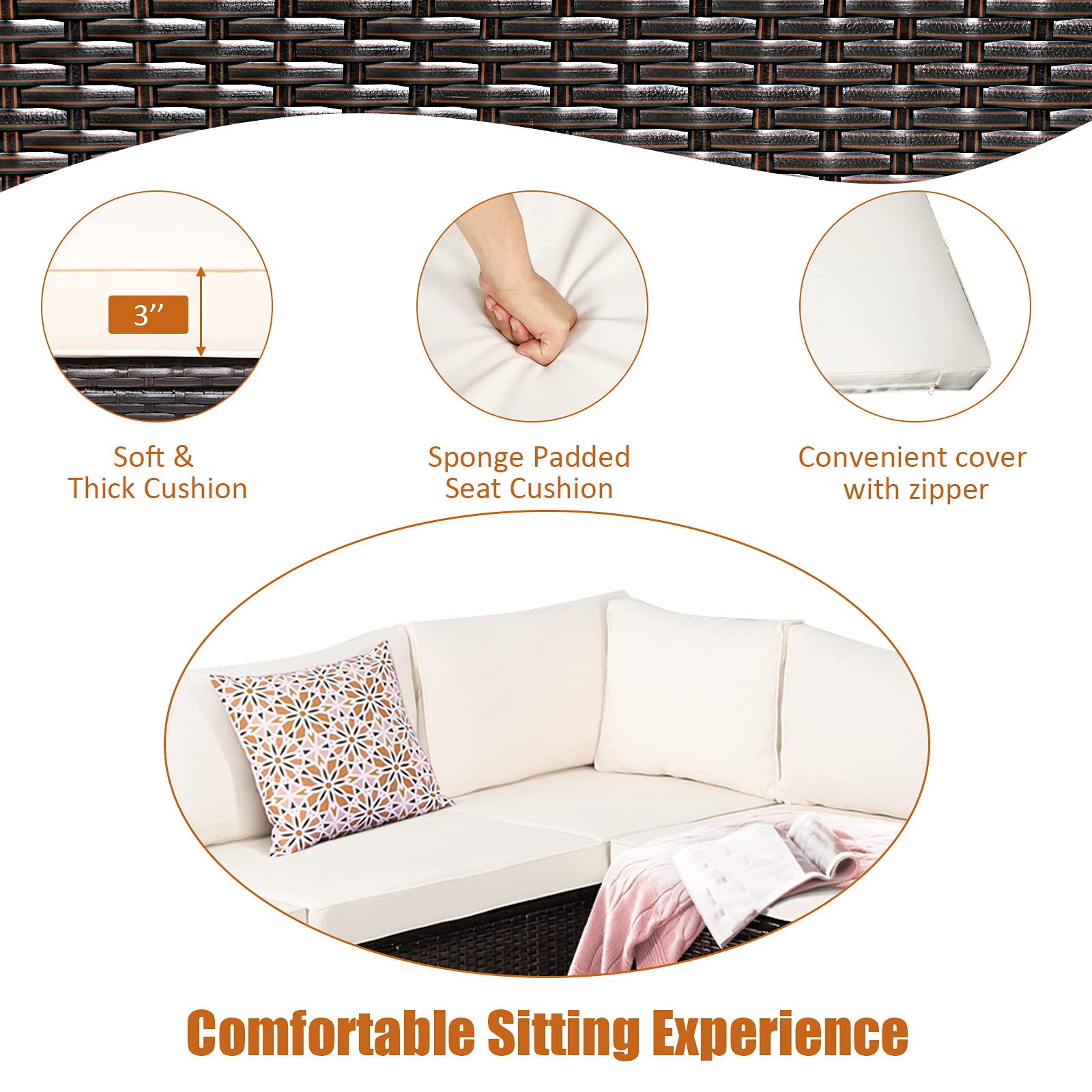 Tangkula 6 Pieces Patio Furniture Set, Outdoor Rattan Sofa Set, Wicker Conversation Set - HW68449WH+