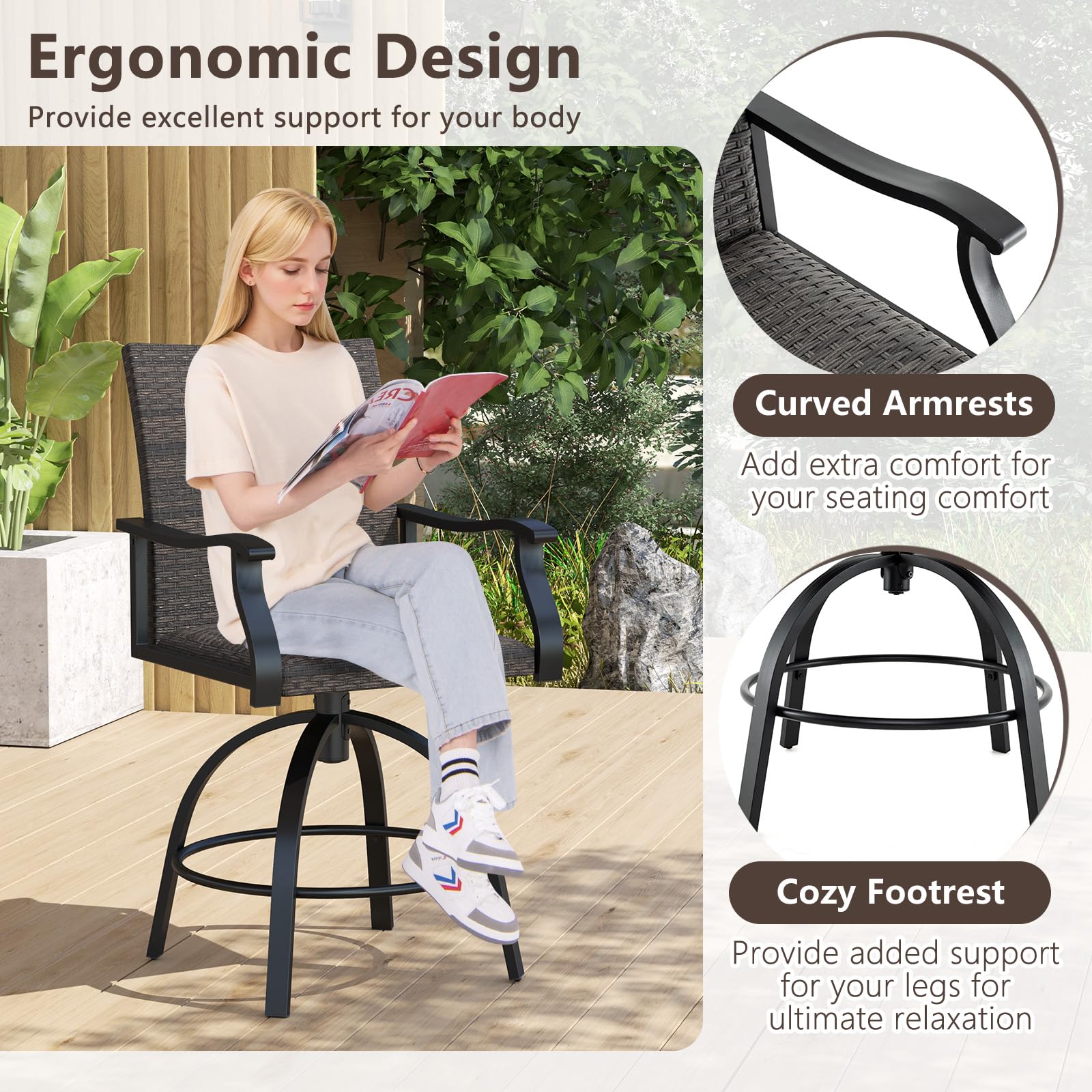 Tangkula 3 Pieces Wicker Patio Swivel Bar Set - NP12166DK+