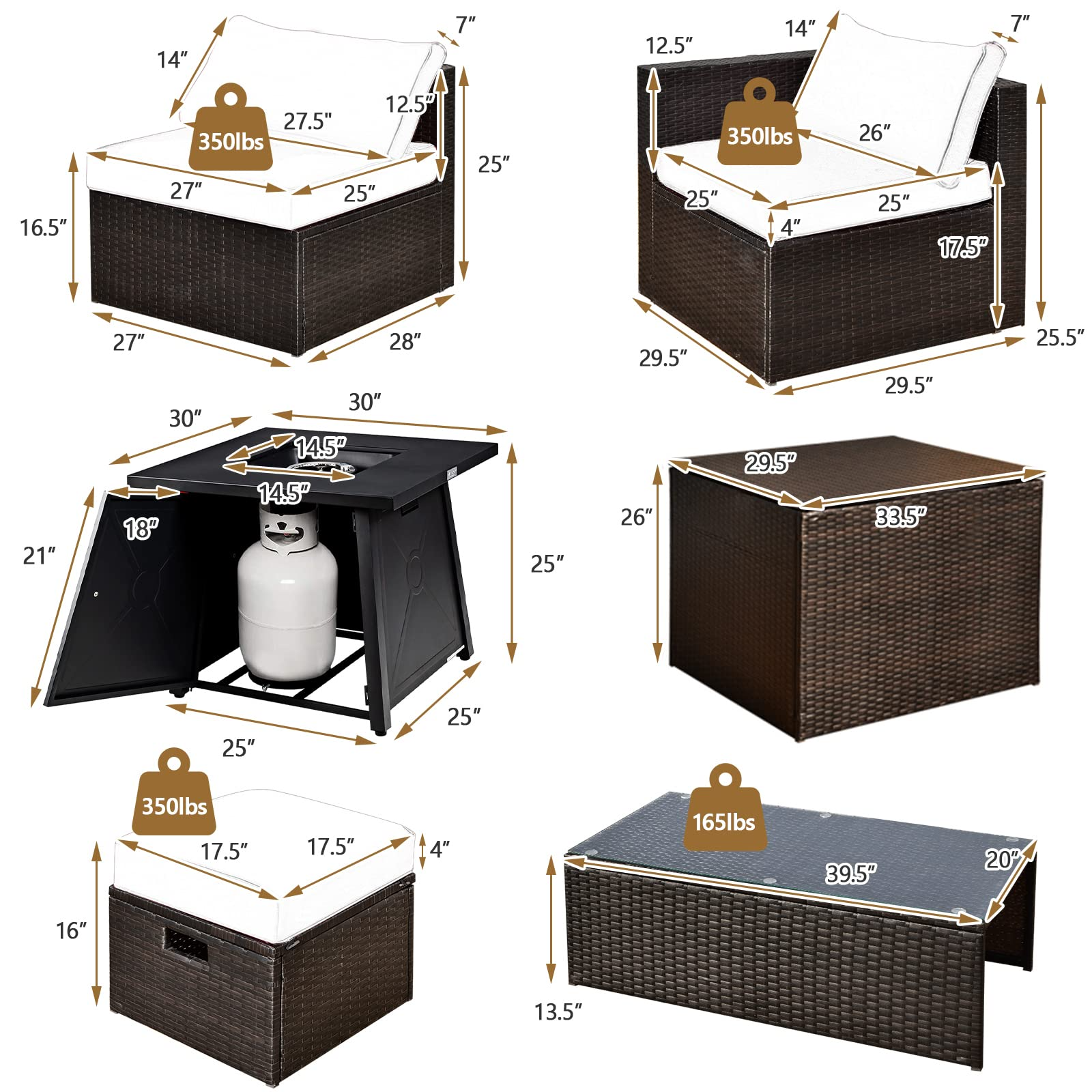 Tangkula 9 Pieces Patio Furniture Set with 30" Propane Fire Pit Table - OP70521+HW68592WH+