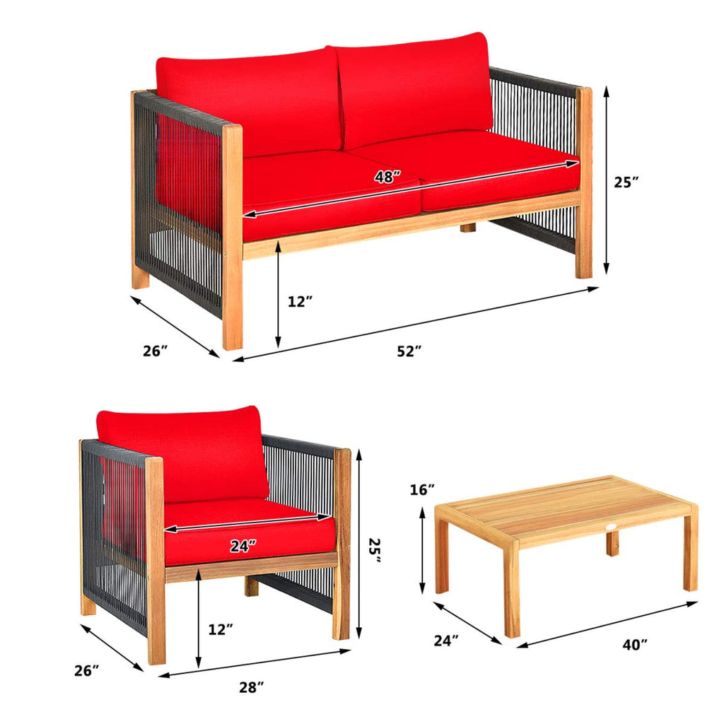 Tangkula Outdoor Wood Furniture Set, Acacia Wood Frame Loveseat Sofa, 2 Single Chairs and Coffee Table - HW63868RE