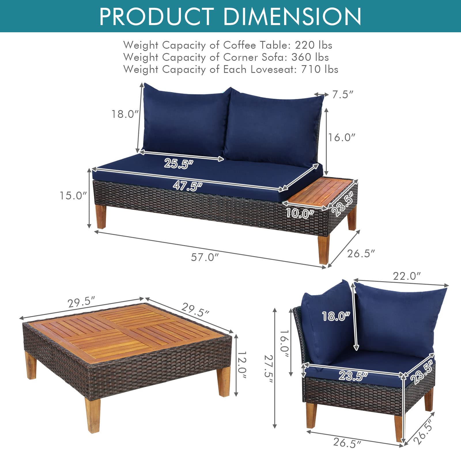 4 Pieces Acacia Wood Patio Conversation Set, Sofa Set with Coffee Table, Corner Sofa & 2 Loveseats - HW69380NY+