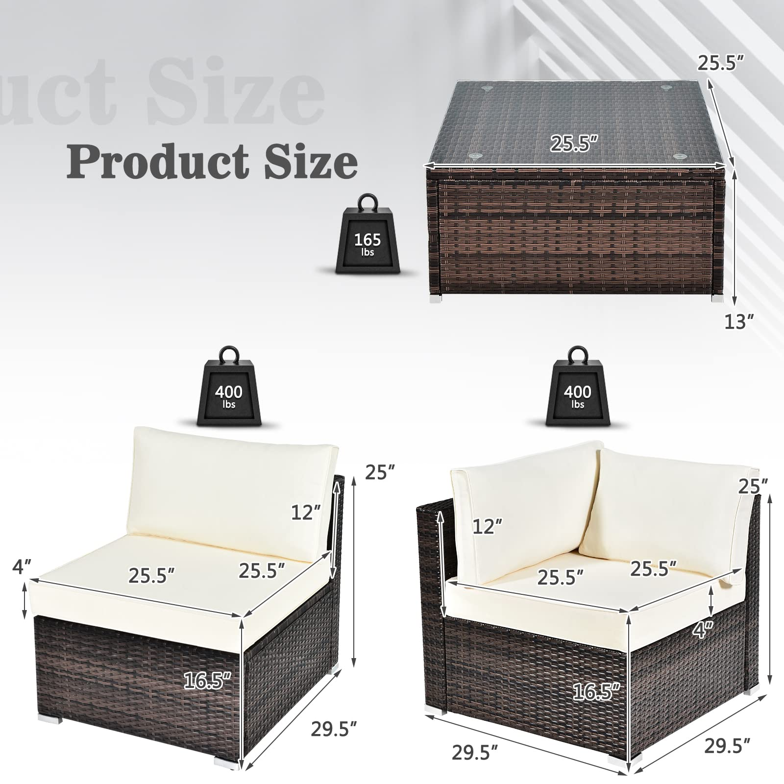 Tangkula 6 Pieces Patio Furniture Set, Outdoor Wicker Conversation Set with Glass Coffee Table - HW67937WH+