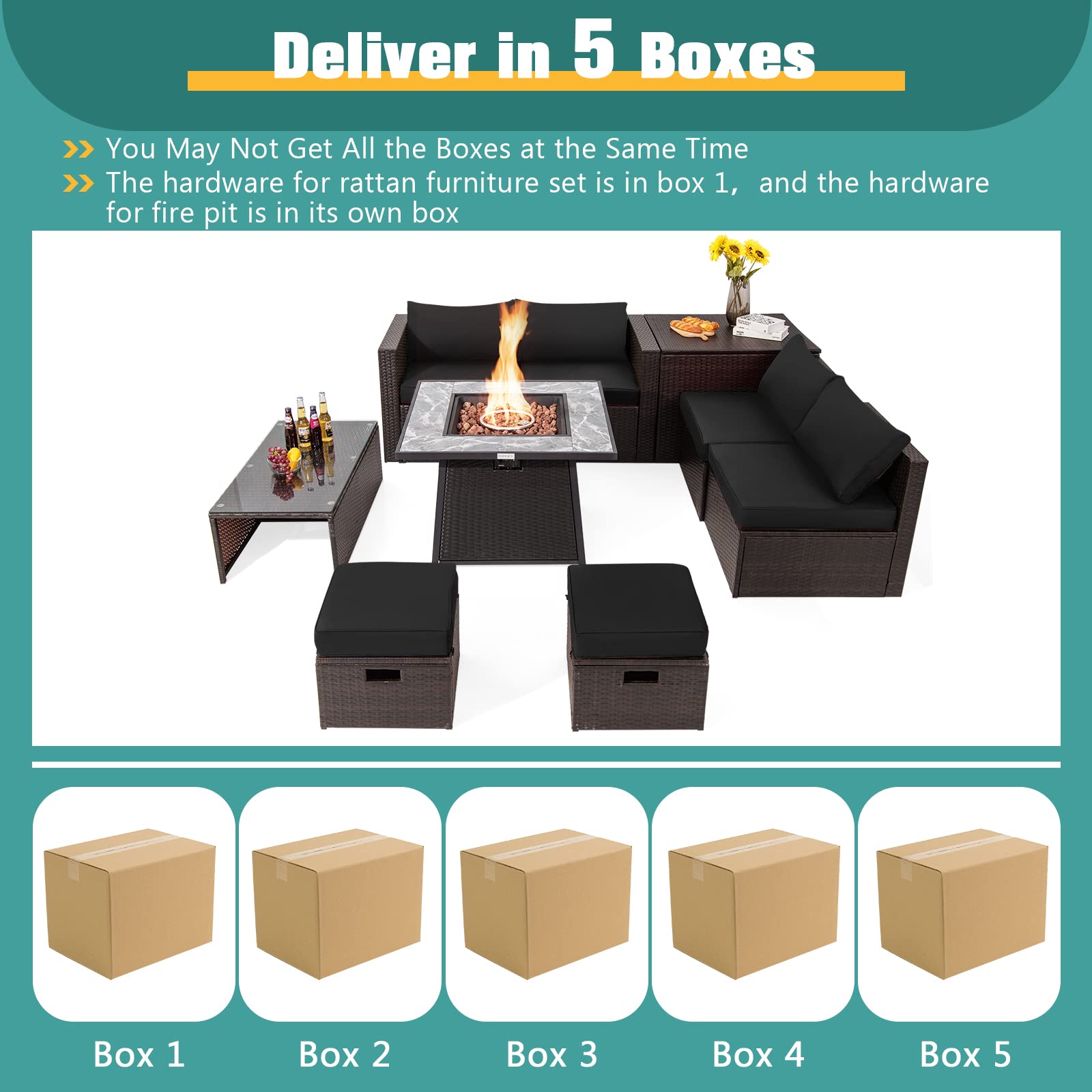 Tangkula 9 Pieces Outdoor Patio Furniture Set with 35-Inch Propane Fire Pit Table - NP10262DK+HW68592DK+