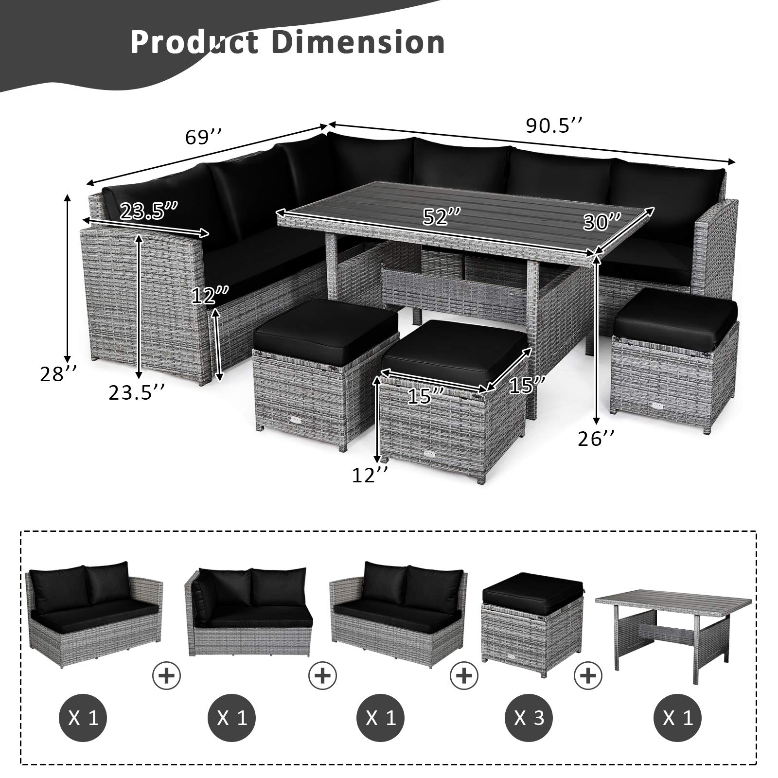 Tangkula 7 Pieces Patio Furniture Set, Outdoor Sectional Rattan Sofa Set with Cushions - HW67190BK+