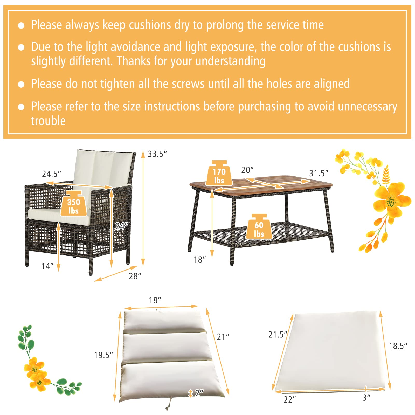 Tangkula Patio Furniture Set with 2-Tier Coffee Table - 2*HW70243WH+