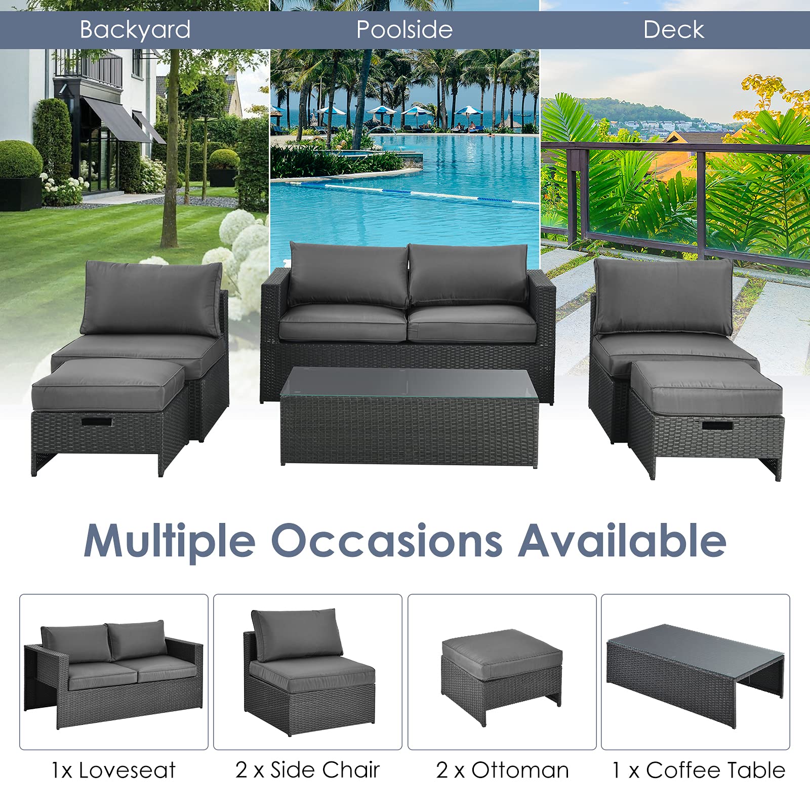 Tangkula 6 Pieces Patio Rattan Furniture Set, Patiojoy No Assembly Outdoor Conversation Set - NP10110WL-GR