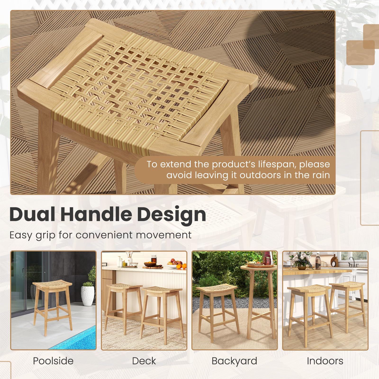 Tangkula Teak Wood Bar Stool, 29” Patio Rattan Barstool with Footrest & Saddle Seat - JV11905
