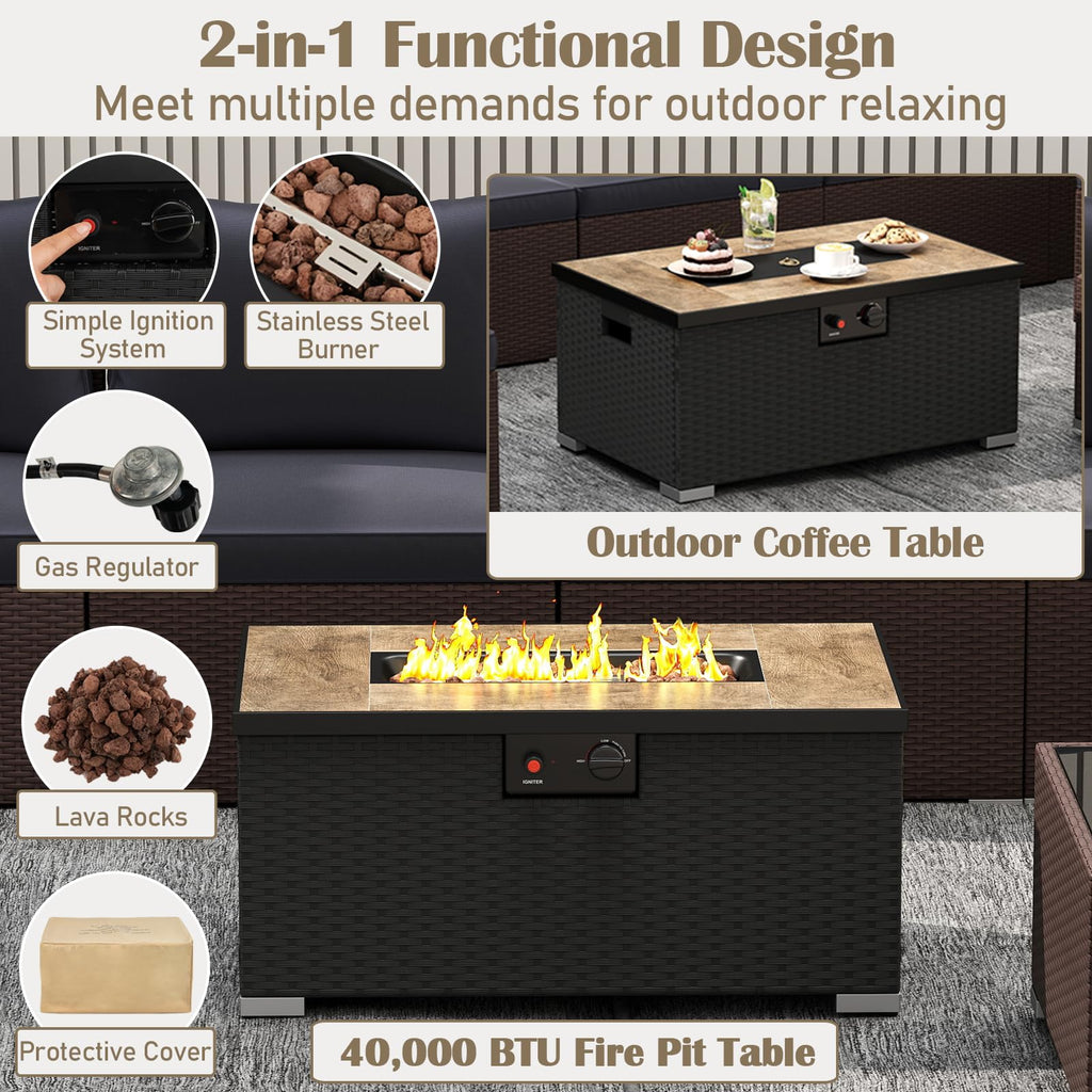 Tangkula 12 Pieces Patio Furniture Set with 32” Fire Pit Table and Propane Tank Cover - NP10261BK+HW71507DKA+